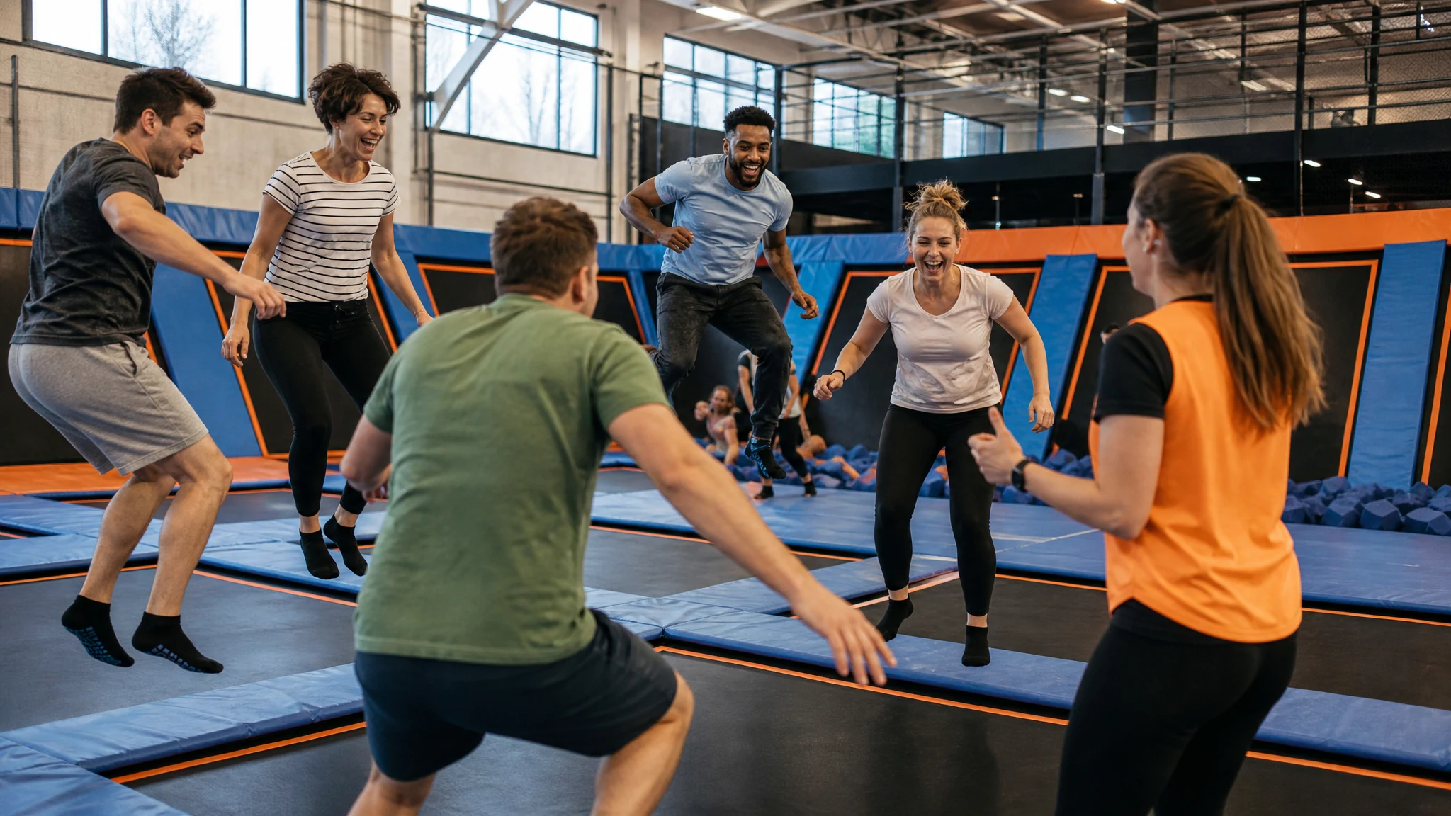 Eine Gruppe lachender Erwachsener springt bei einem Teamevent in einer Trampolinhalle in der Nähe gemeinsam auf Trampolinen