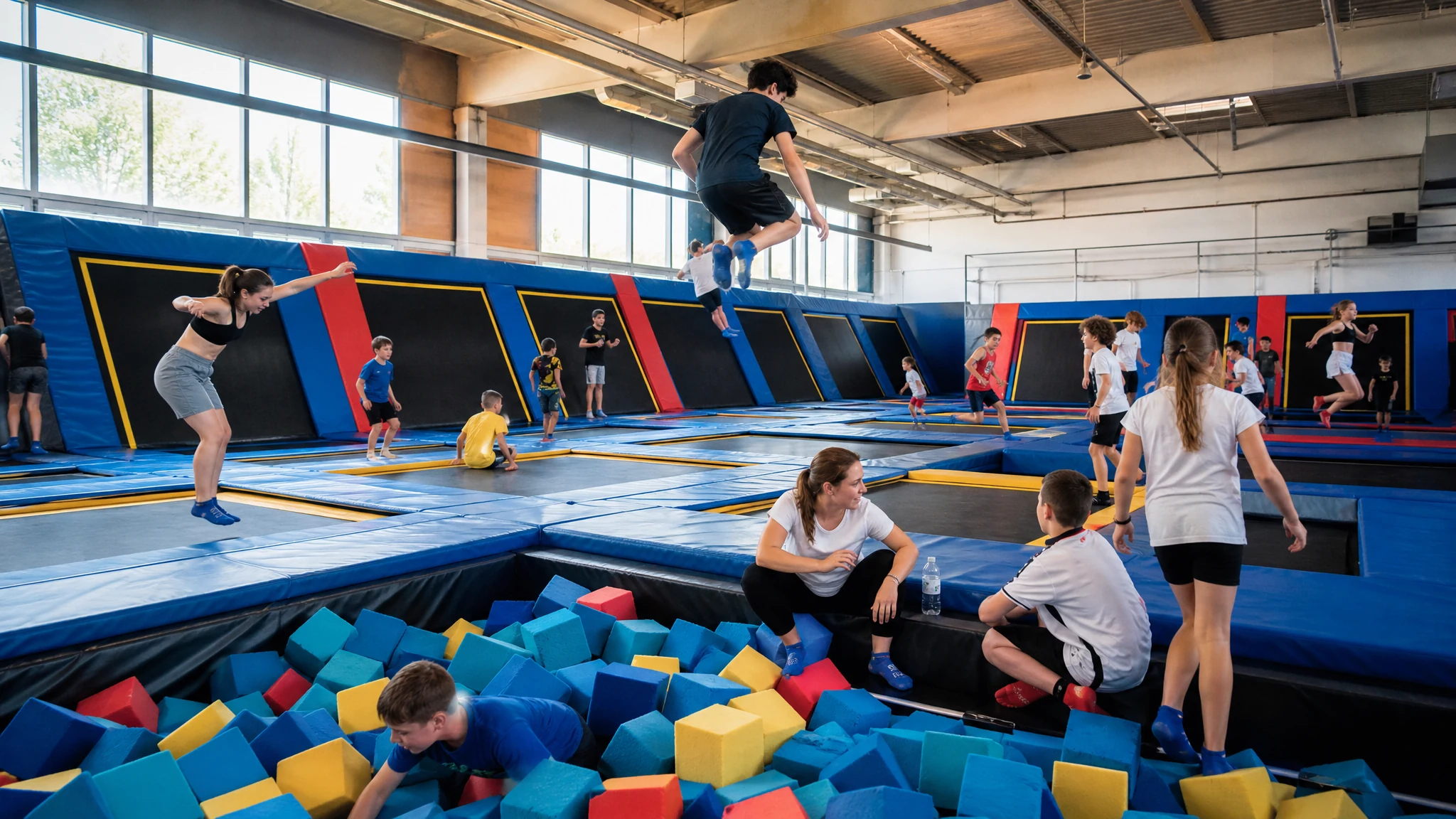 Kinder springen auf Trampolinen und spielen am Schaumstoffbecken in einer Trampolinhalle in der Nähe