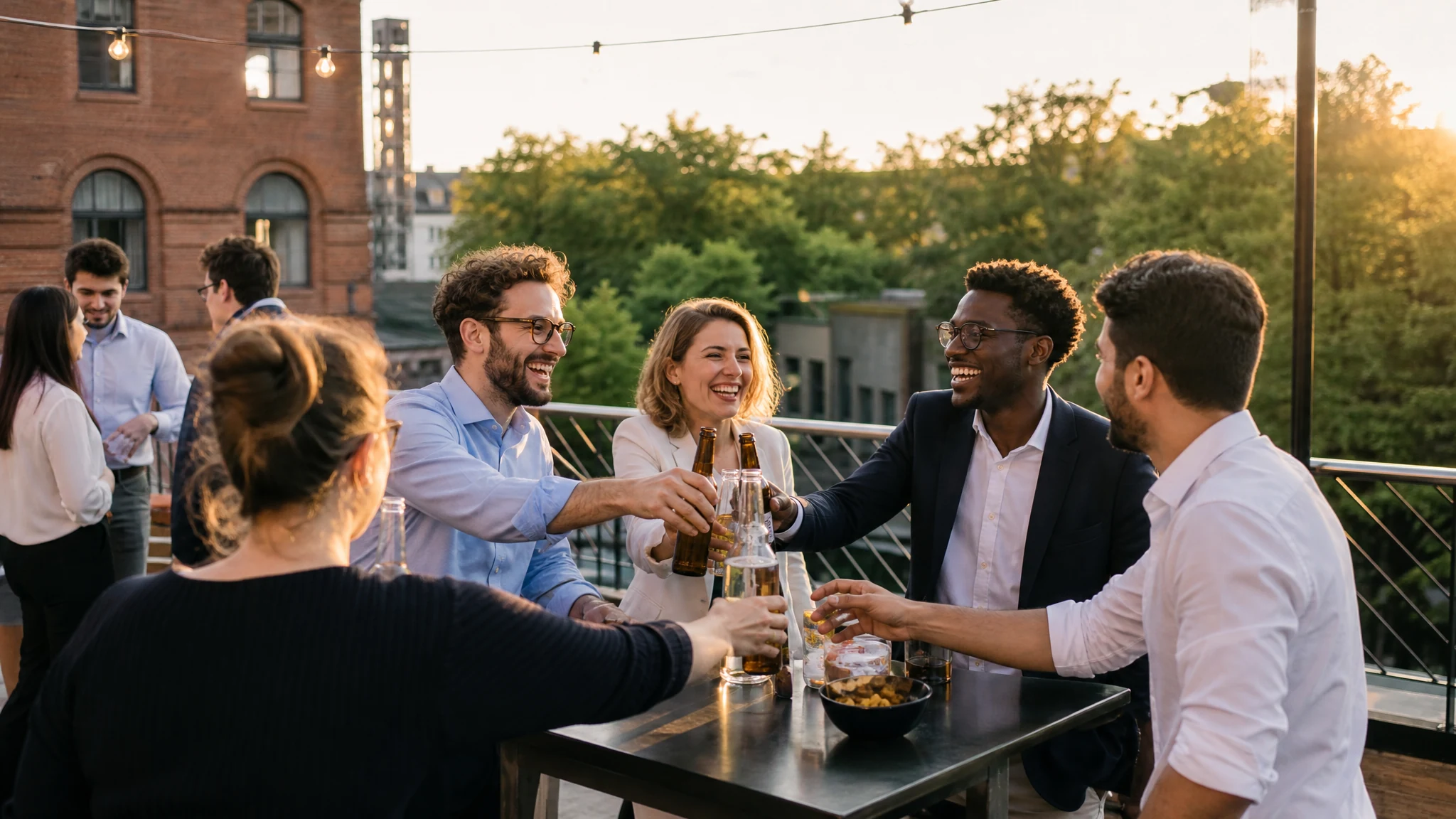 Lachende Kollegen stoßen auf einer After-Work-Party auf einer Dachterrasse mit Bierflaschen an, im Hintergrund Lichterketten