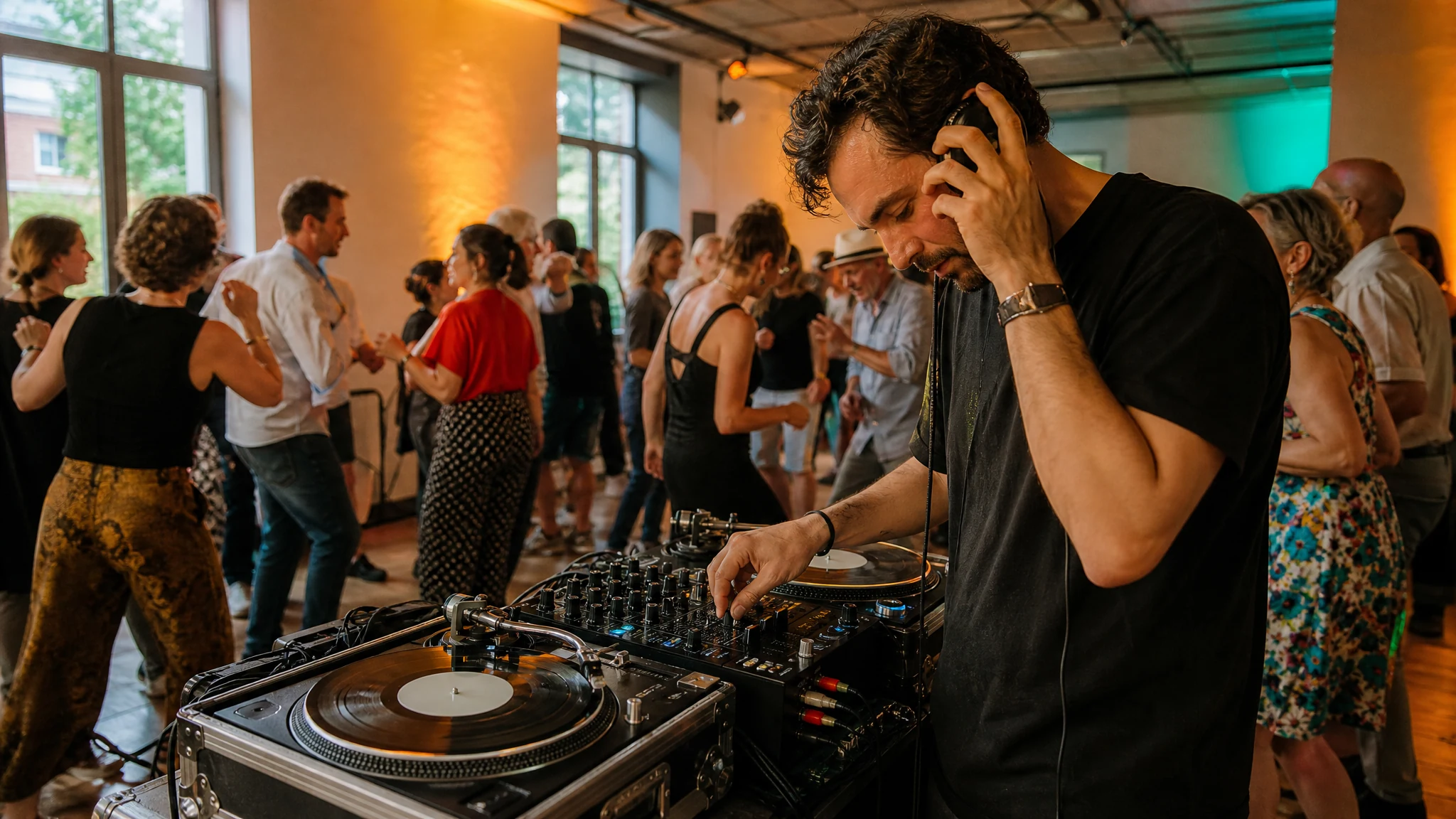 Ein DJ in Bonn hält einen Kopfhörer ans Ohr und mischt an Plattenspielern, dahinter tanzen Gäste in einem hellen Raum
