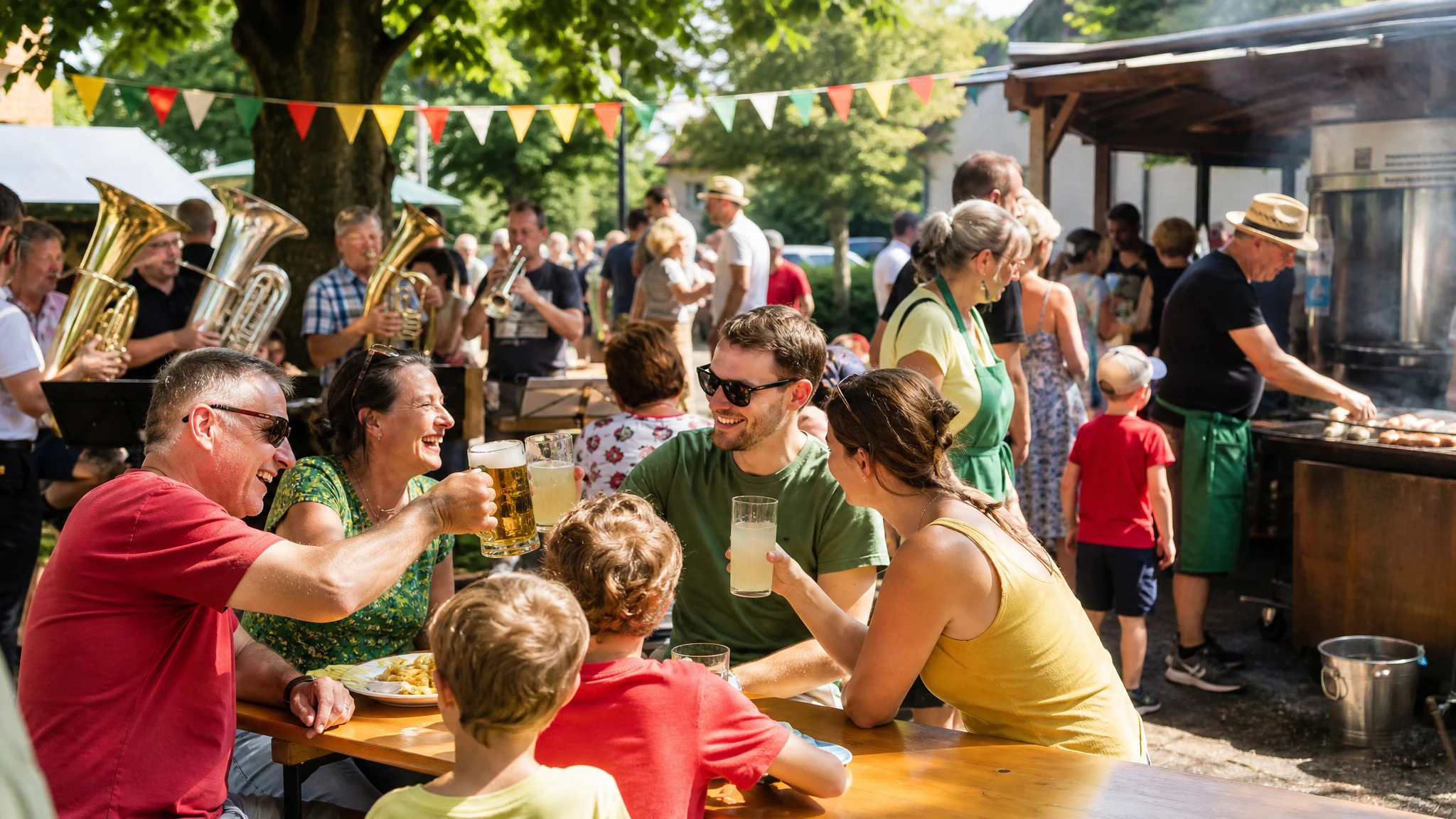 Gäste stoßen an Holztischen mit Bier an, im Hintergrund spielt eine Blaskapelle auf einem Dorffest im Sommer