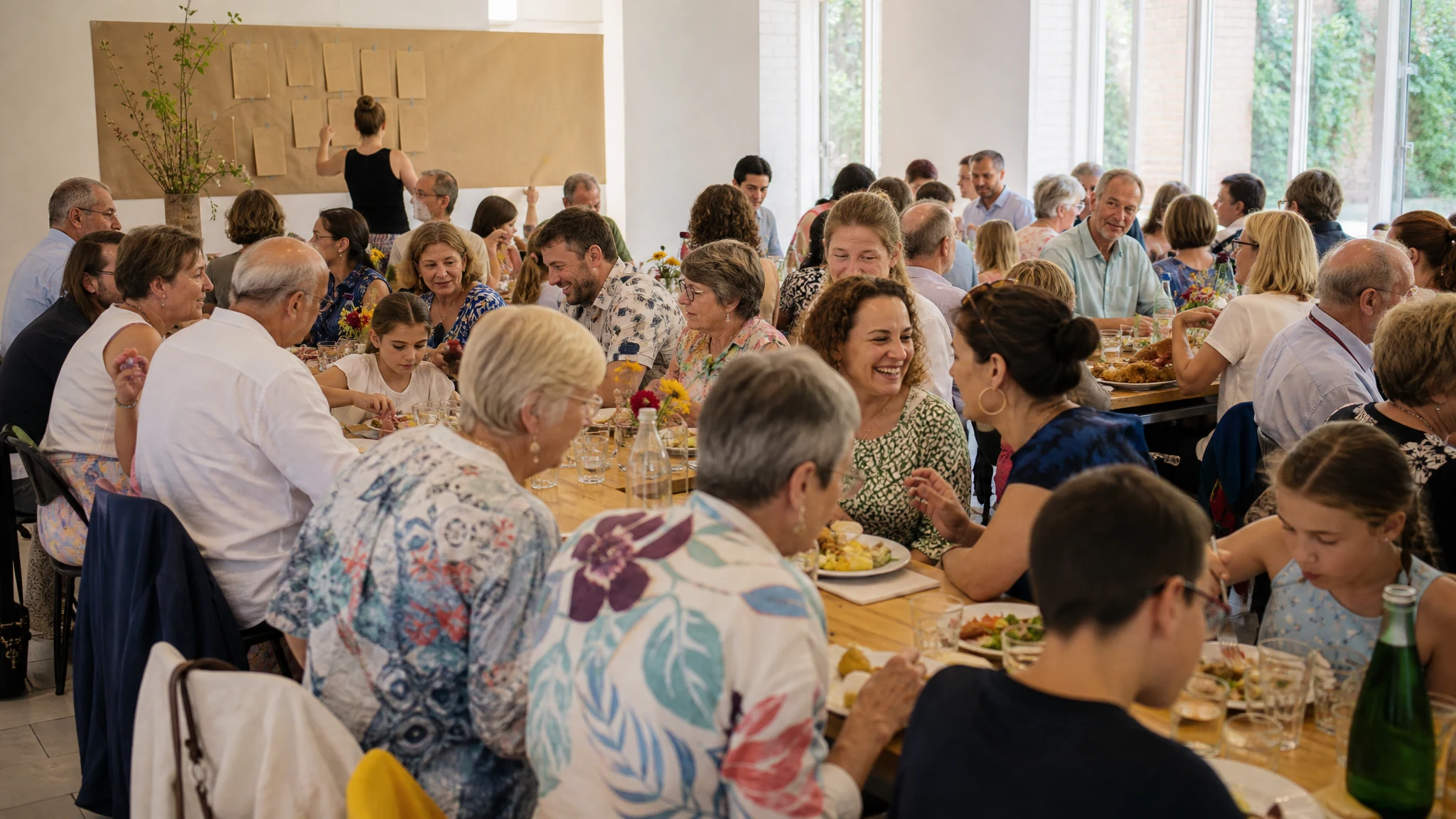 Generationen sitzen an langen Holztischen in einem hellen Saal und essen gemeinsam bei einer Familienfeier
