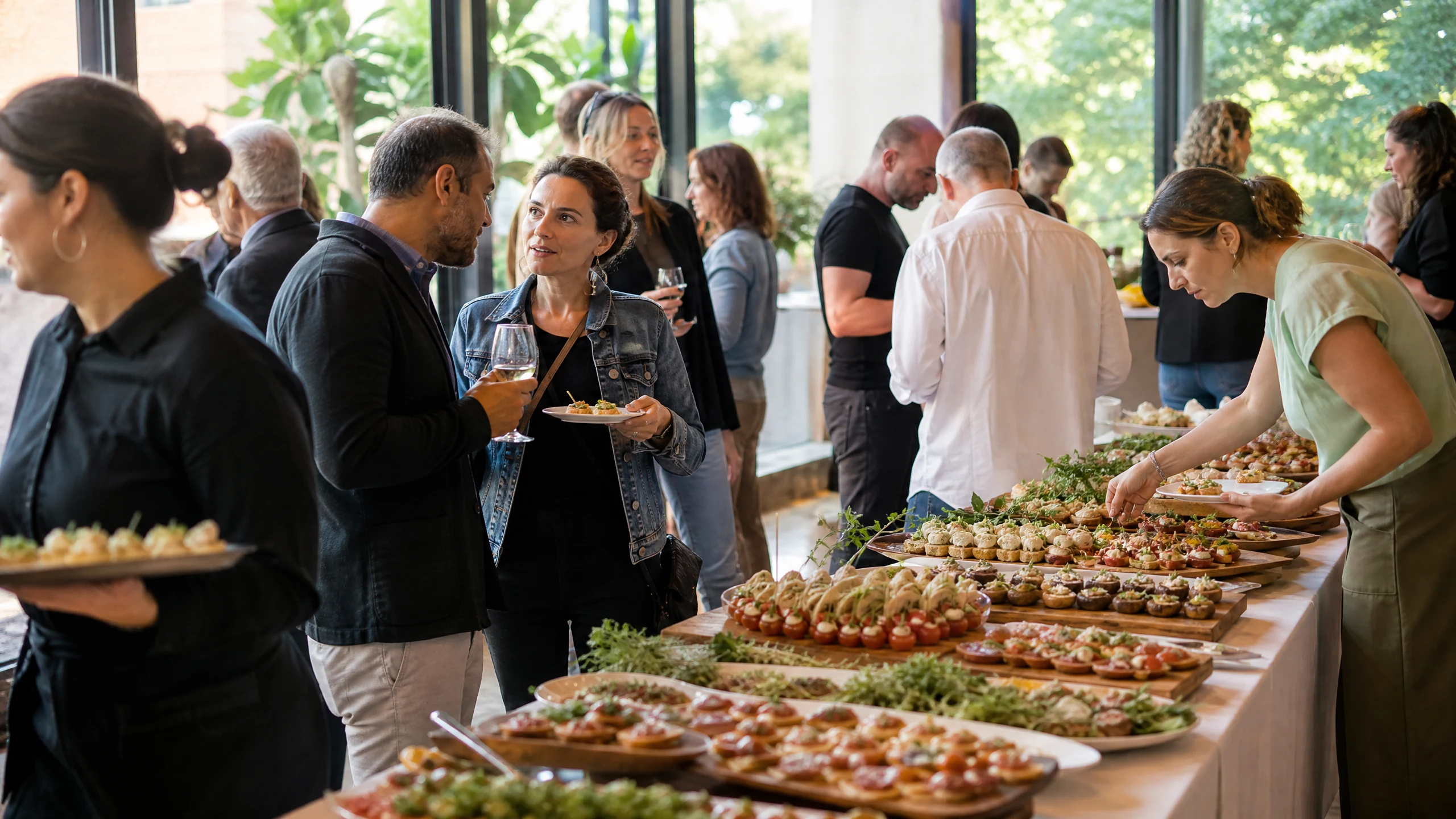 Gäste unterhalten sich mit Weingläsern an einem Buffet mit buntem Fingerfood in Bonn, eine Frau richtet Platten an