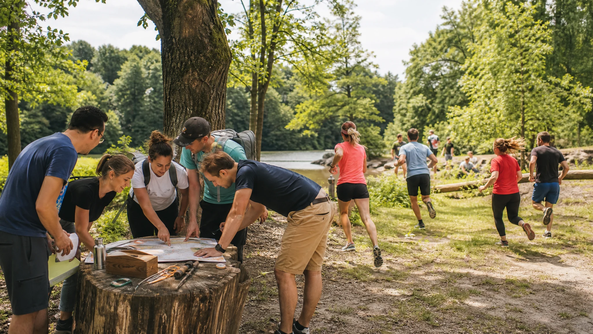 Kollegen studieren eine Karte auf einem Baumstumpf, während andere bei einer Firmenfeier im Wald losrennen