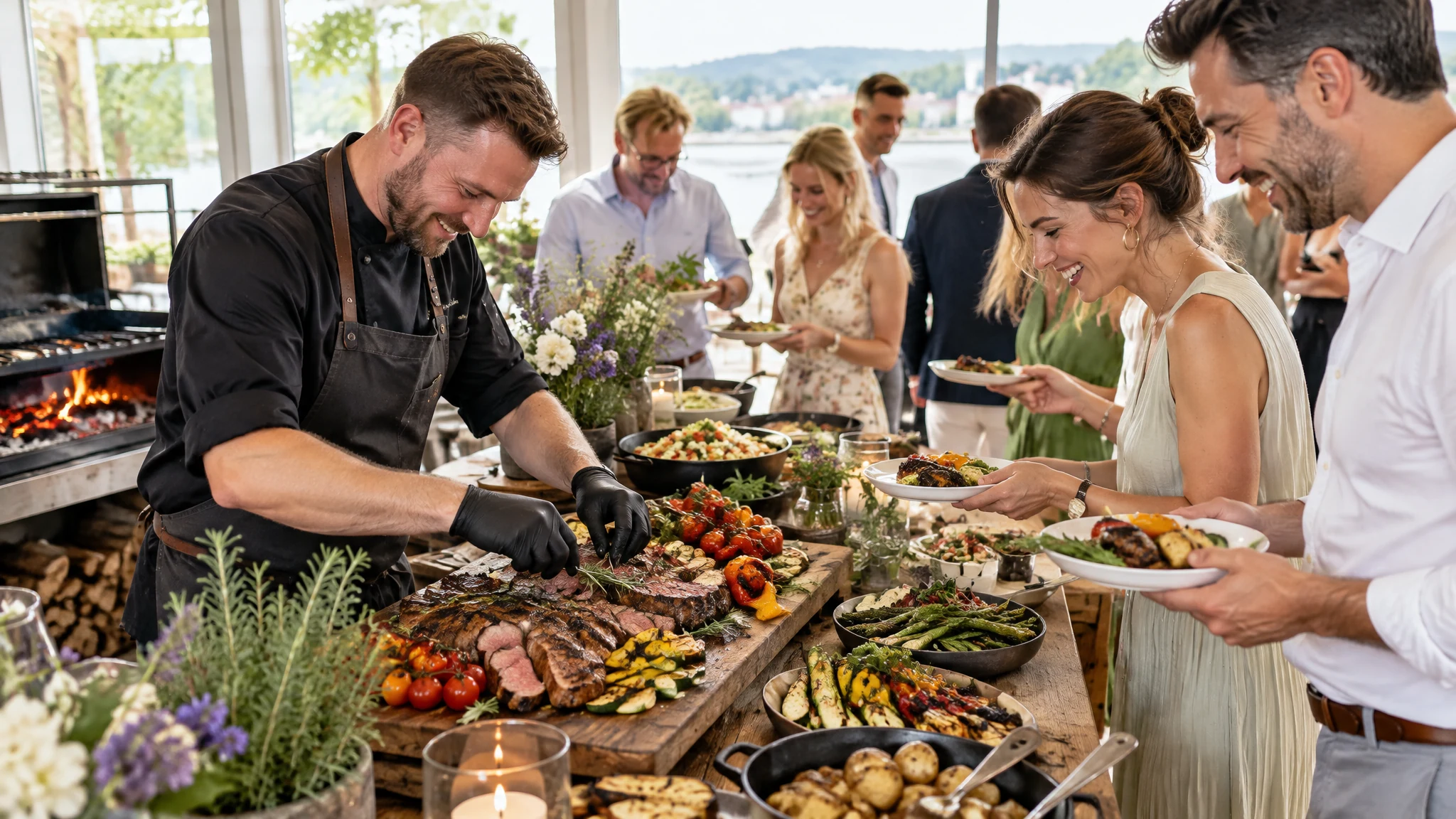 Ein Koch schneidet Grillfleisch am Buffet, lachende Gäste nehmen sich Gemüse beim Grill Catering in Bonn