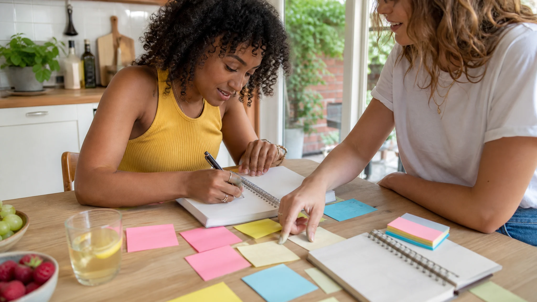 Frauen sammeln am Holztisch mit Notizbuch und bunten Haftnotizen Ideen für einen JGA in einer hellen Küche