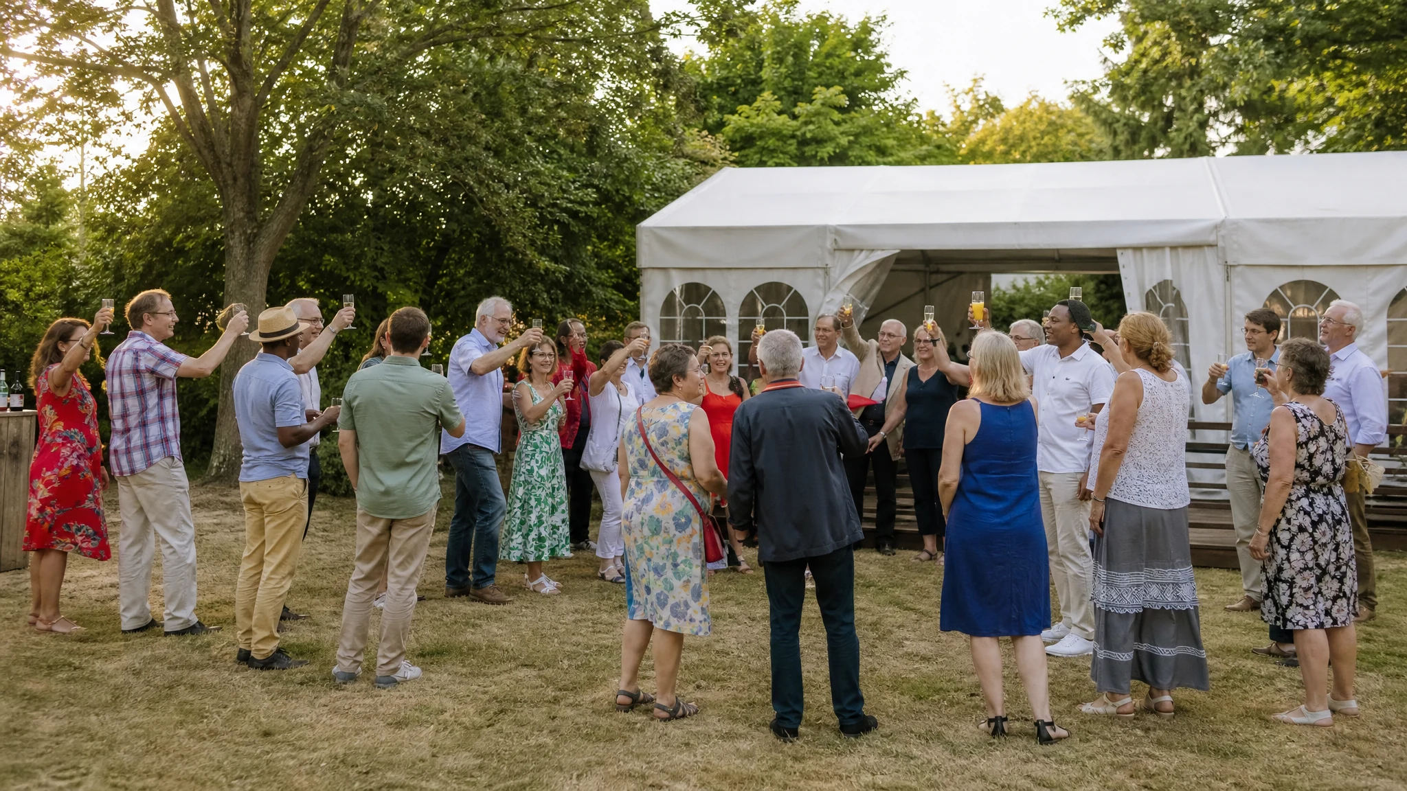 Gäste stoßen im Garten vor einem Festzelt mit Gläsern an, Anregung für alle, die eine Jubiläumsfeier planen