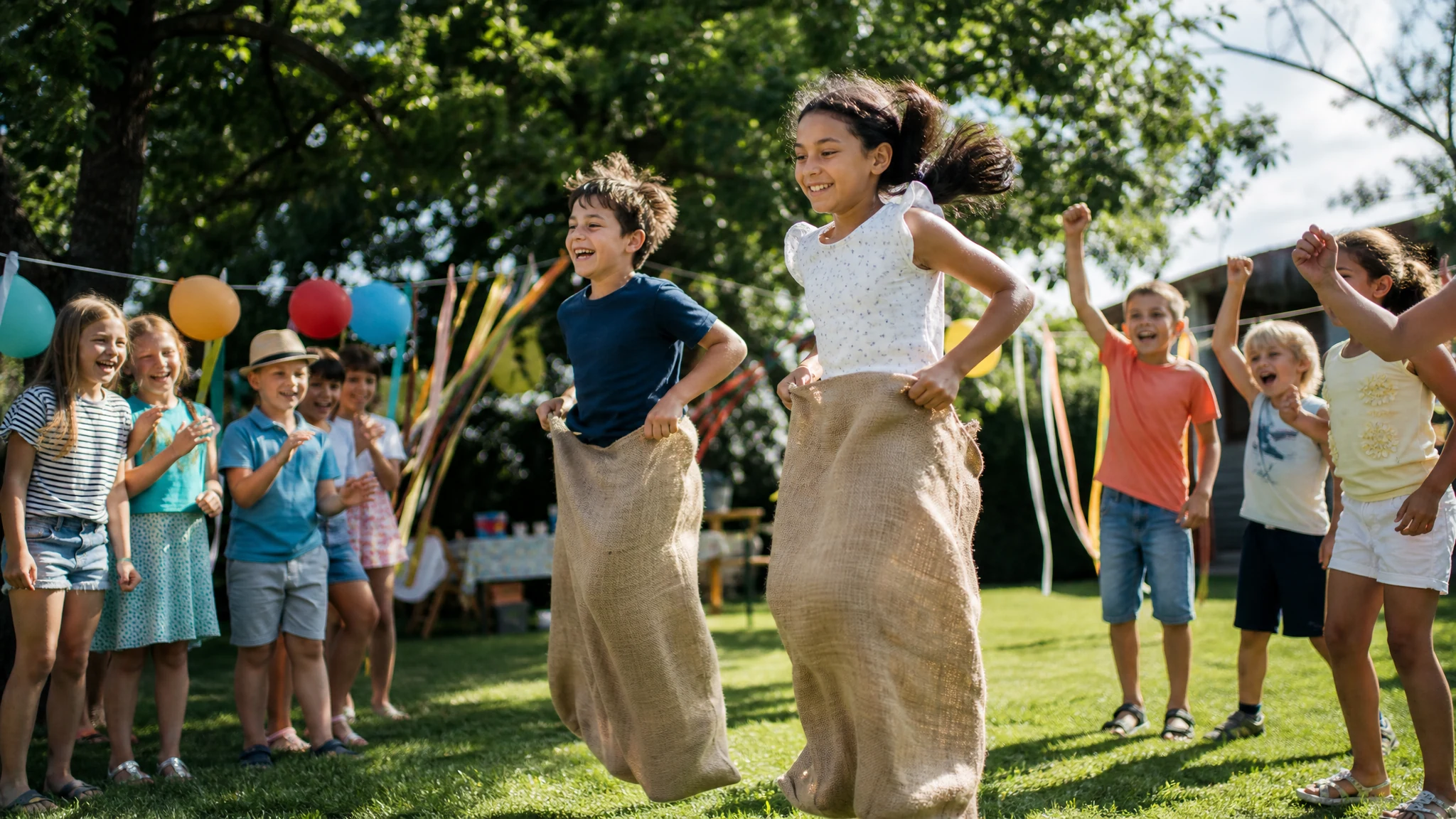 Kinder hüpfen bei einem Kinderfest im Garten im Sackhüpfen um die Wette, andere Kinder feuern sie lachend an