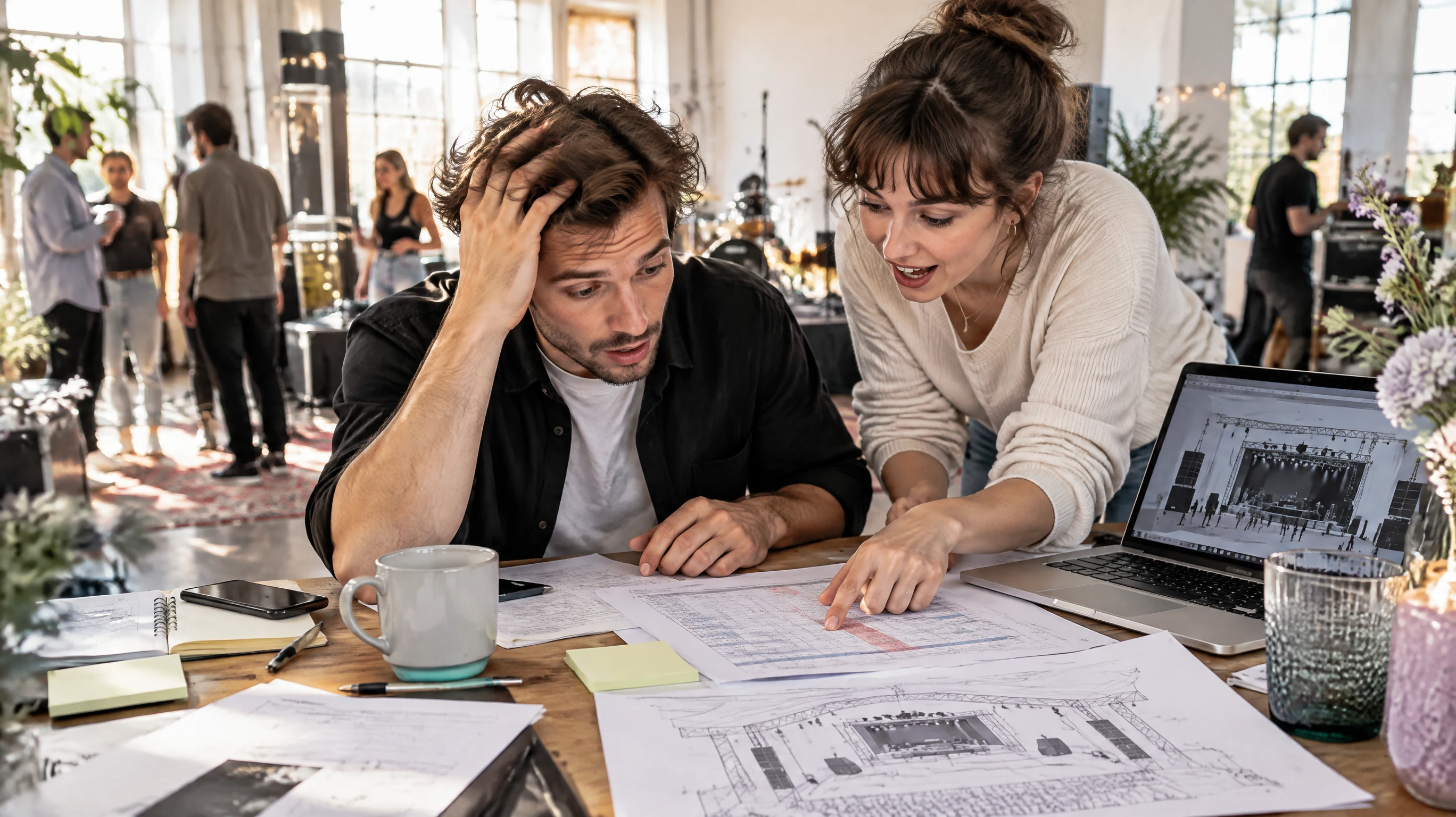 Ein gestresster Mann und eine Frau prüfen Pläne und Laptop, um ein Konzert zu organisieren, im Hintergrund eine Bühne