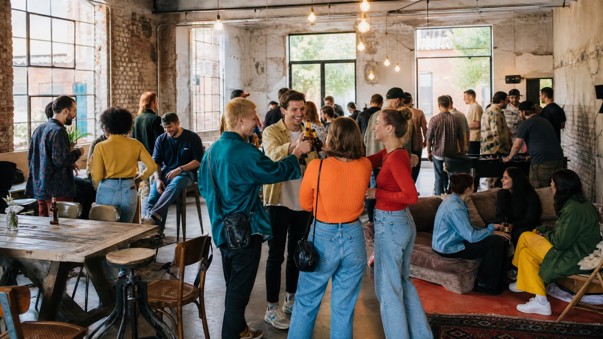 Gäste stoßen mit Bierflaschen an, bei einer Party in einer Location mit Industrie-Charme in Düsseldorf