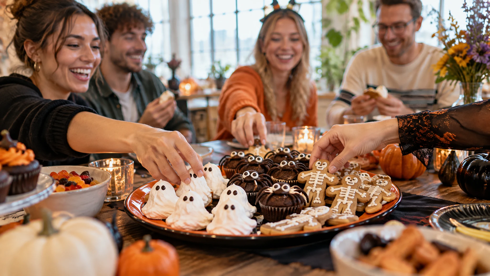 Snacks Halloween - Süße Halloween-Snacks: Geister, Spinnen und Skelette auf dem Dessertteller