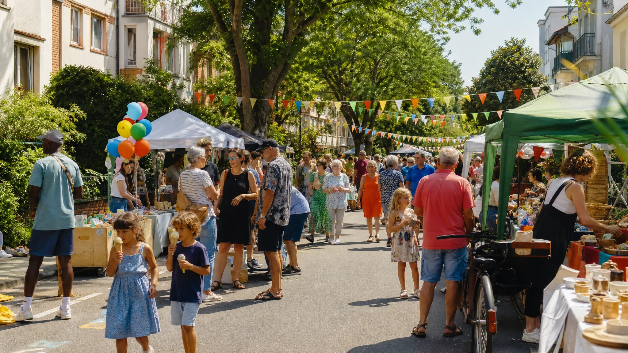 Besucher schlendern an Marktständen und Wimpelgirlanden vorbei, Kinder essen Eis auf einem Straßenfest in einer Wohnstraße