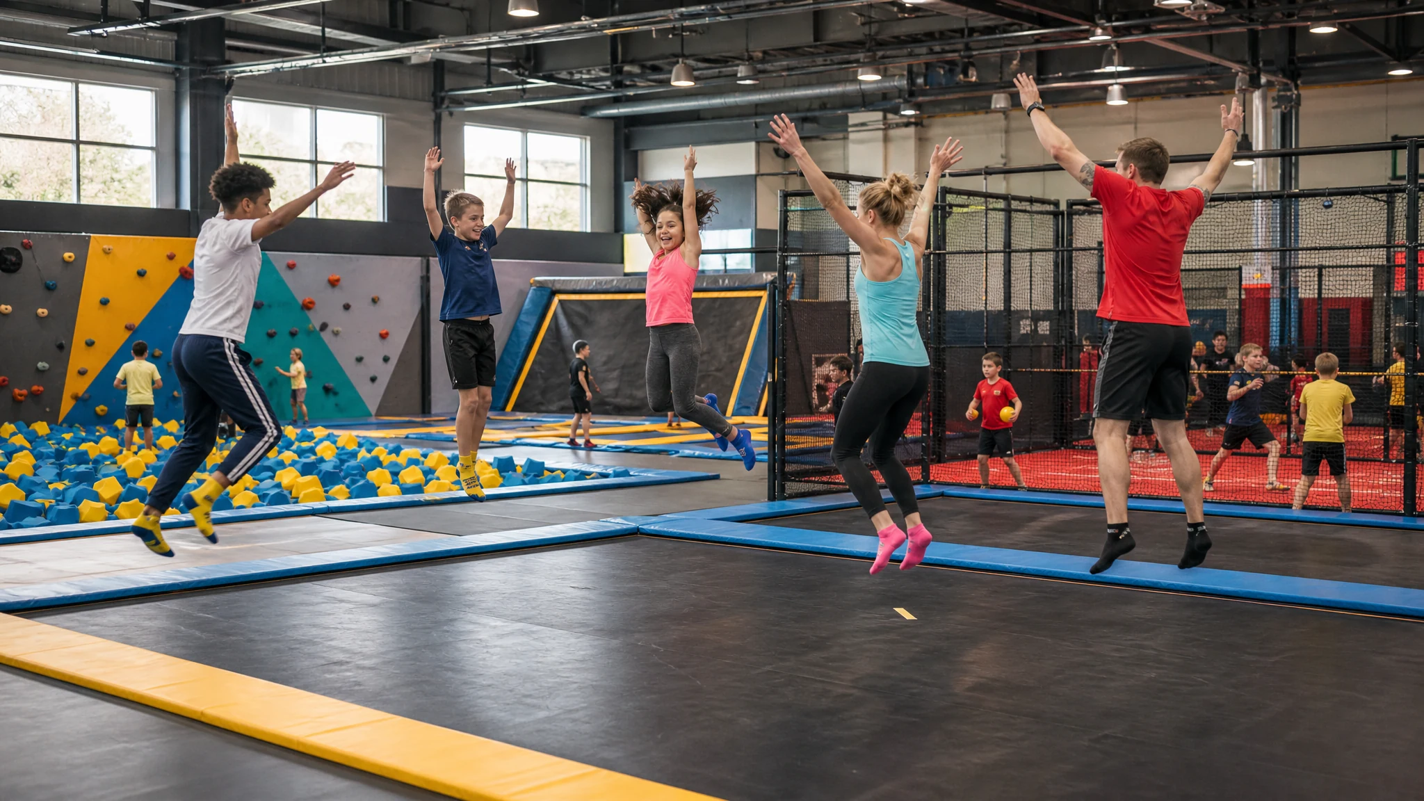 Kinder und Erwachsene springen mit erhobenen Armen auf Trampolinen in einem Trampolinpark in NRW mit Kletterwand