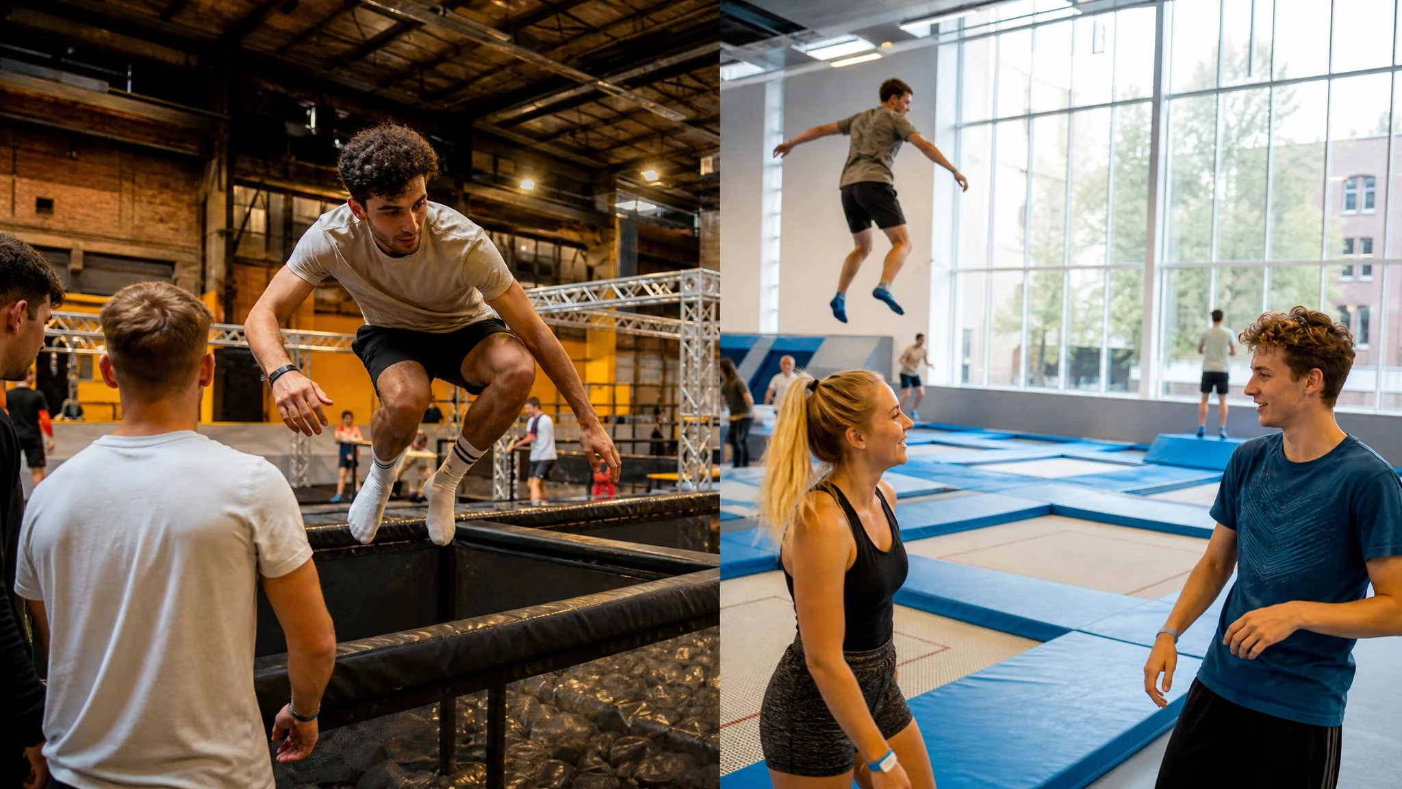 Junge Leute springen in einer Industriehalle und in einer hellen Halle mit Fensterfront in einem Trampolinpark in NRW