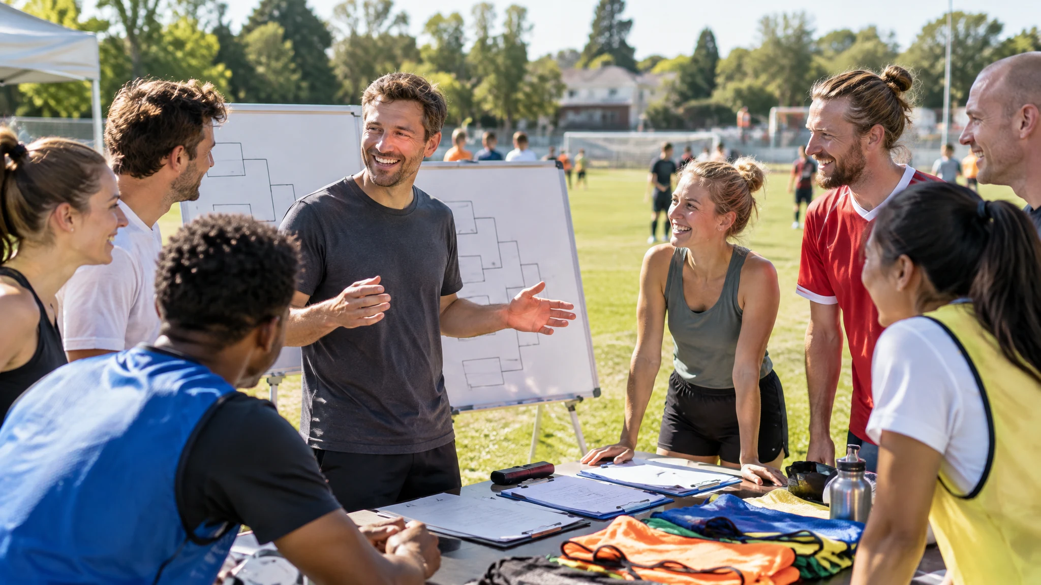Lachende Helfer besprechen an einem Tisch am Spielfeld, wie sie ein Turnier organisieren, mit Spielplan auf der Tafel