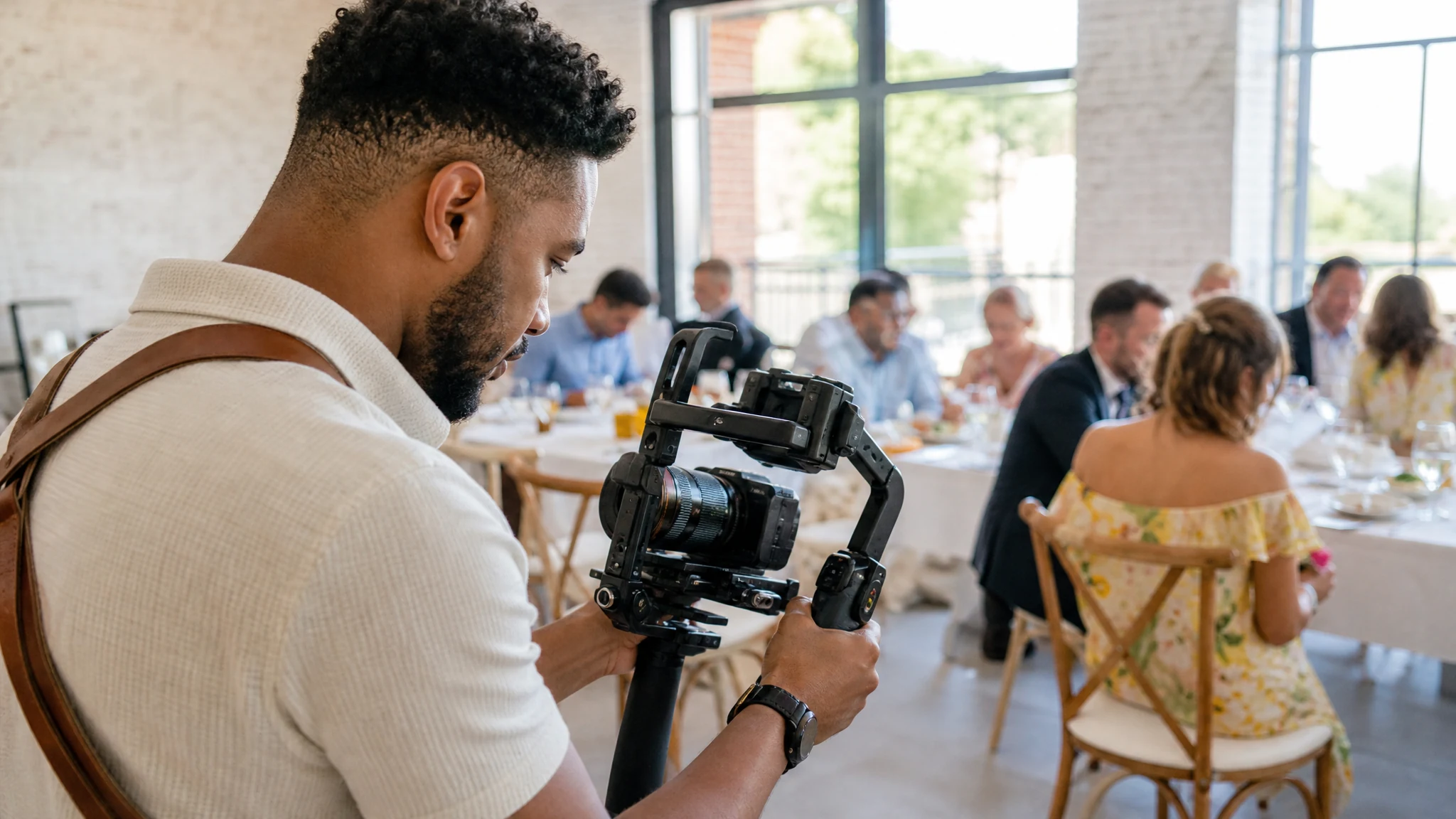 Ein günstig gebuchter Videograf filmt mit Kamera auf einem Gimbal die Gäste an den Tischen einer Hochzeit