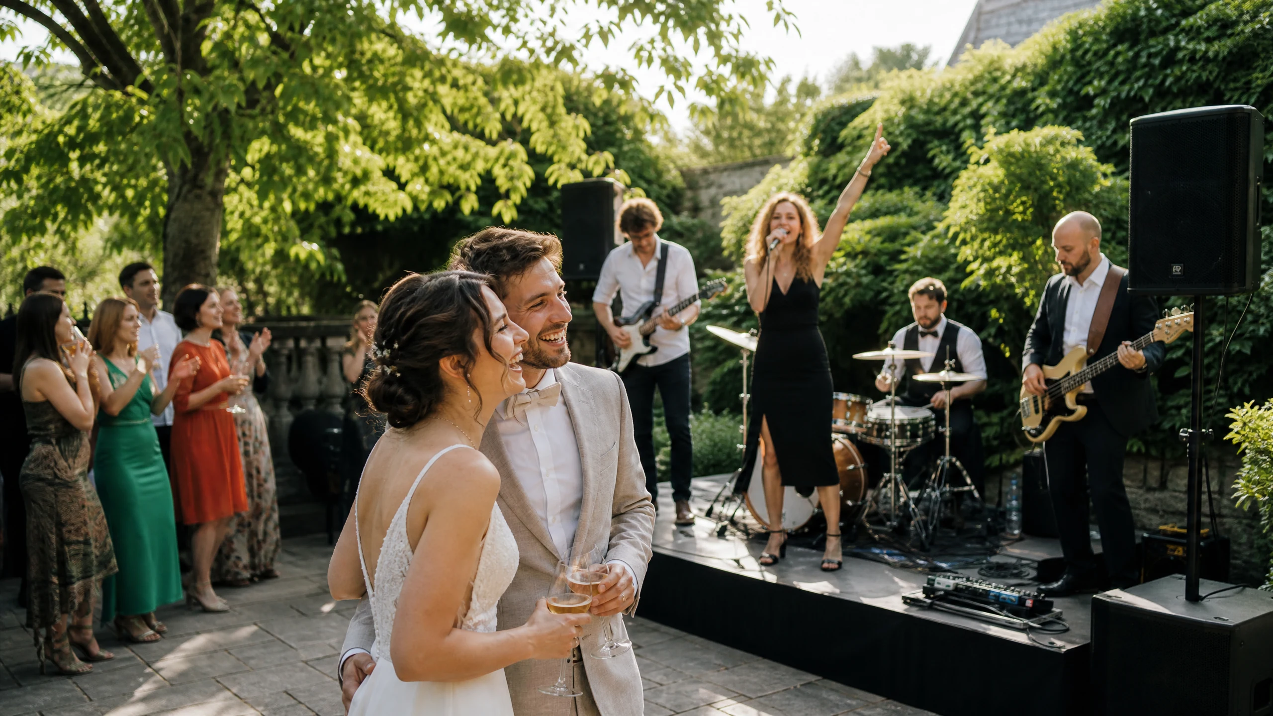 Lachendes Brautpaar mit Sektgläsern lauscht im Garten einer Band für die Hochzeit aus der Nähe, Gäste klatschen