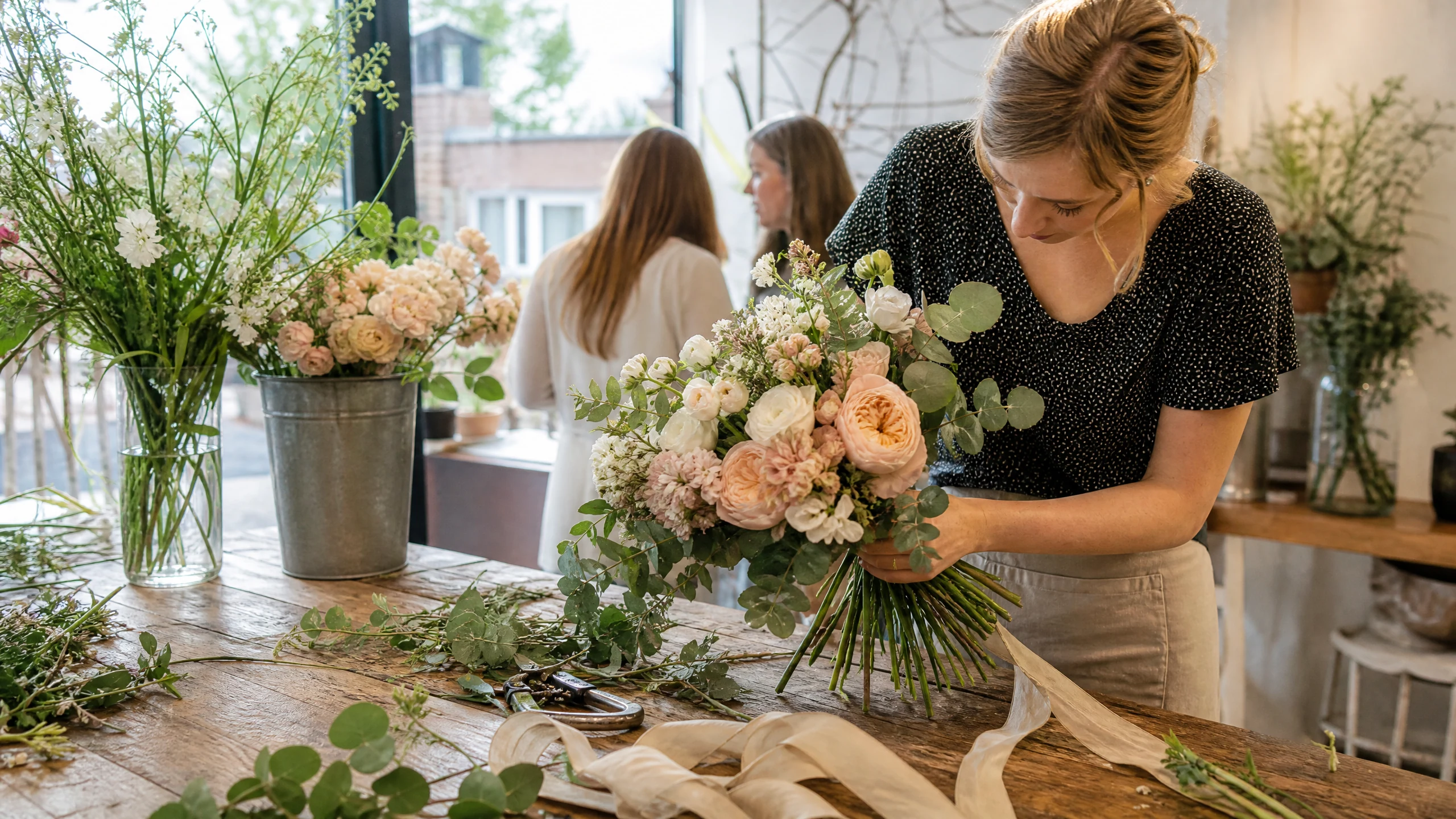 Eine Floristin bindet einen Strauß aus Rosen und Eukalyptus als Blumendeko für eine Hochzeit an einem Holztisch