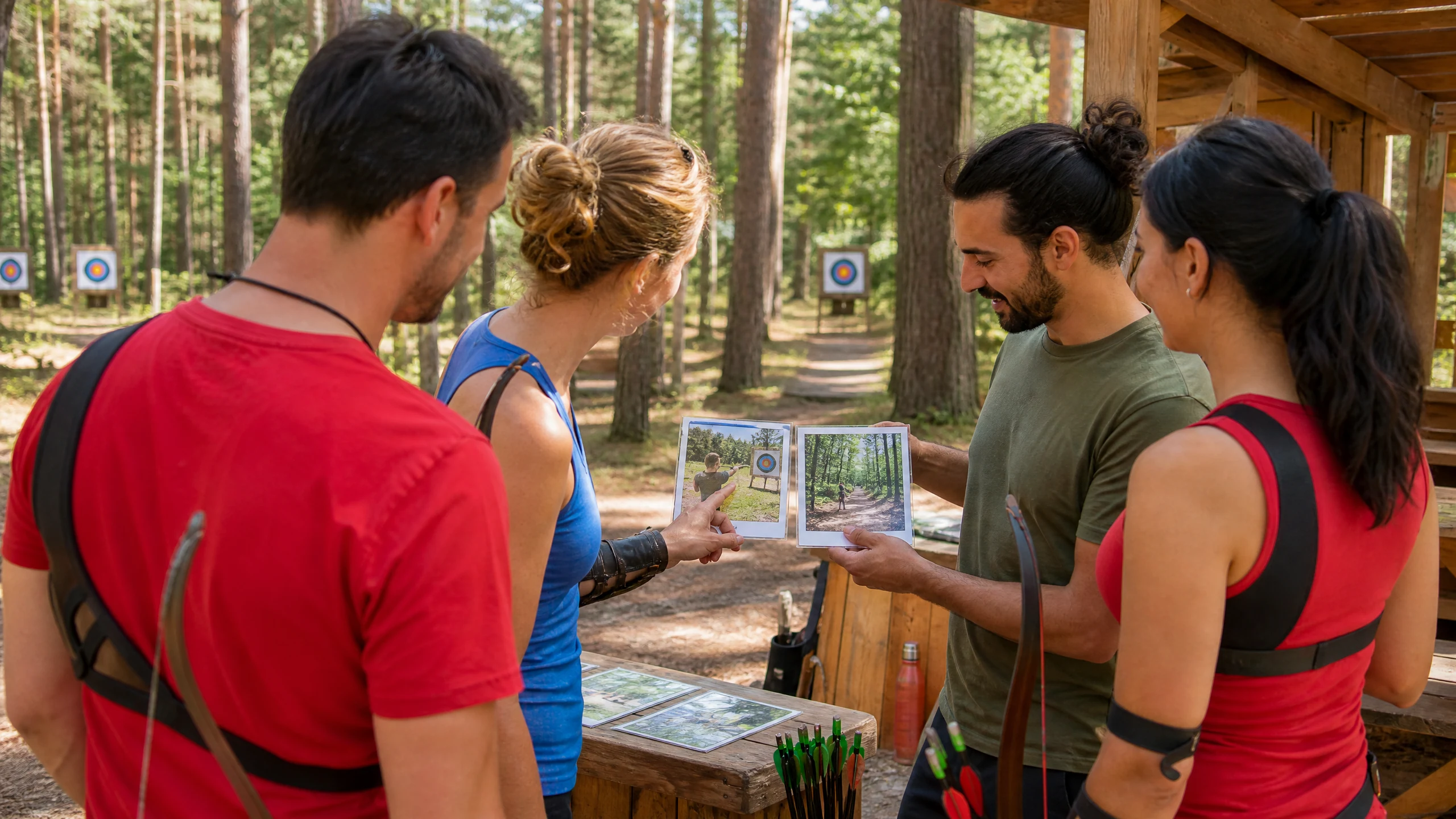 Bogenschützen im Wald sehen sich Fotos an und suchen nach Bogenschießen in der Nähe, im Hintergrund stehen Zielscheiben