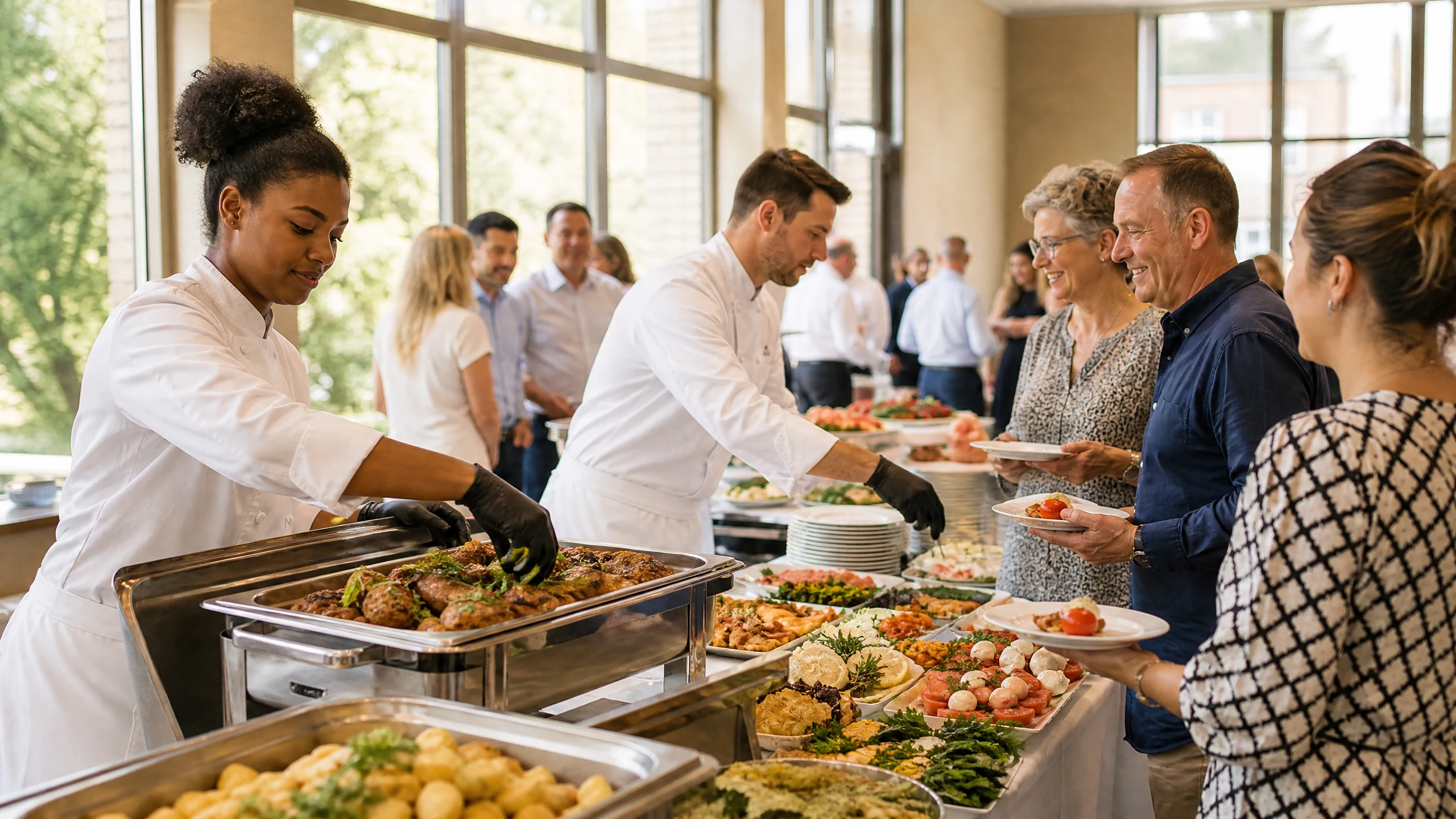 Köche eines Catering Services in weißer Kleidung servieren Gästen am Buffet Speisen in einem hellen Saal