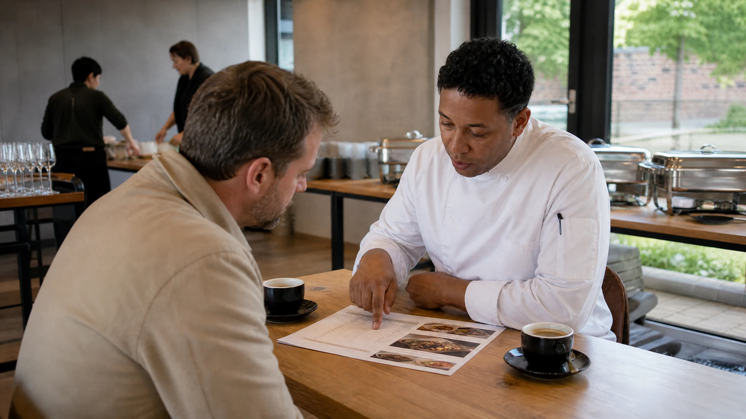 Ein Koch in Weiß bespricht mit einem Kunden eine Speisekarte, um Catering Services für eine Feier zu vergleichen