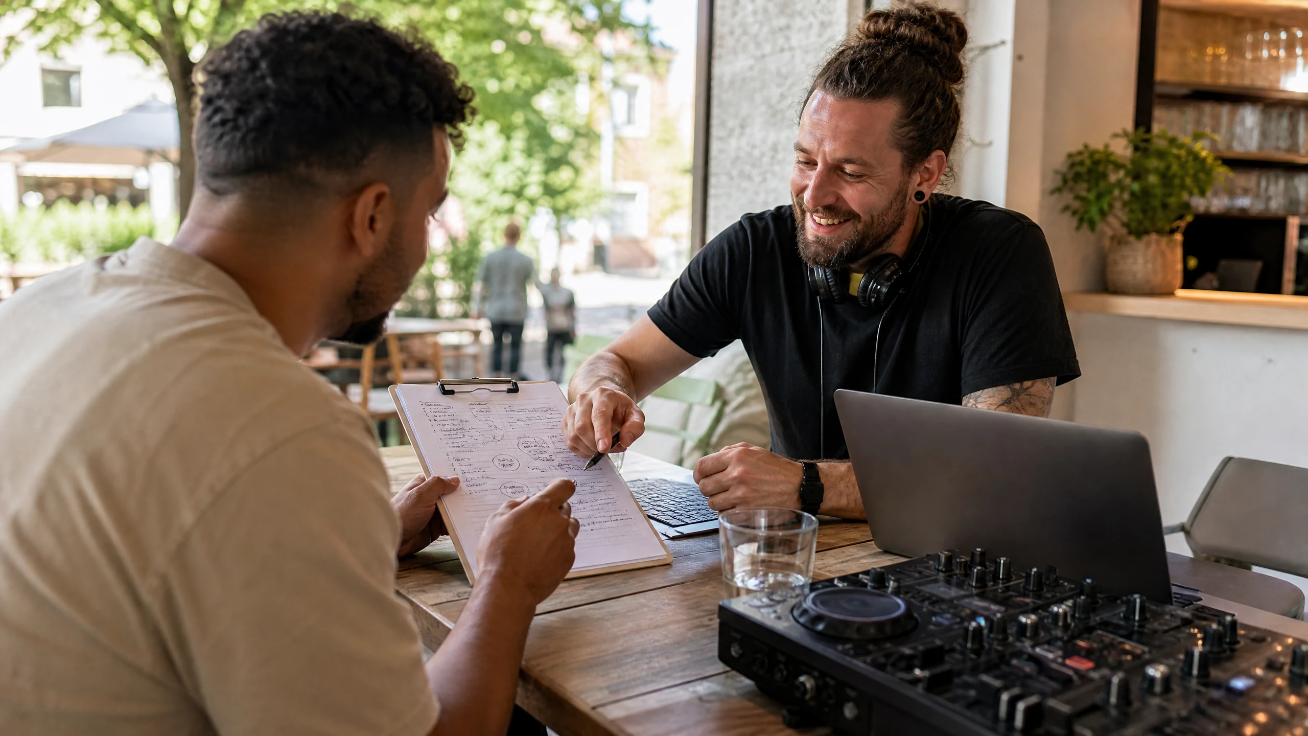 Ein DJ und ein Kunde besprechen am Holztisch einen Notizzettel zu den Kosten für eine private Feier