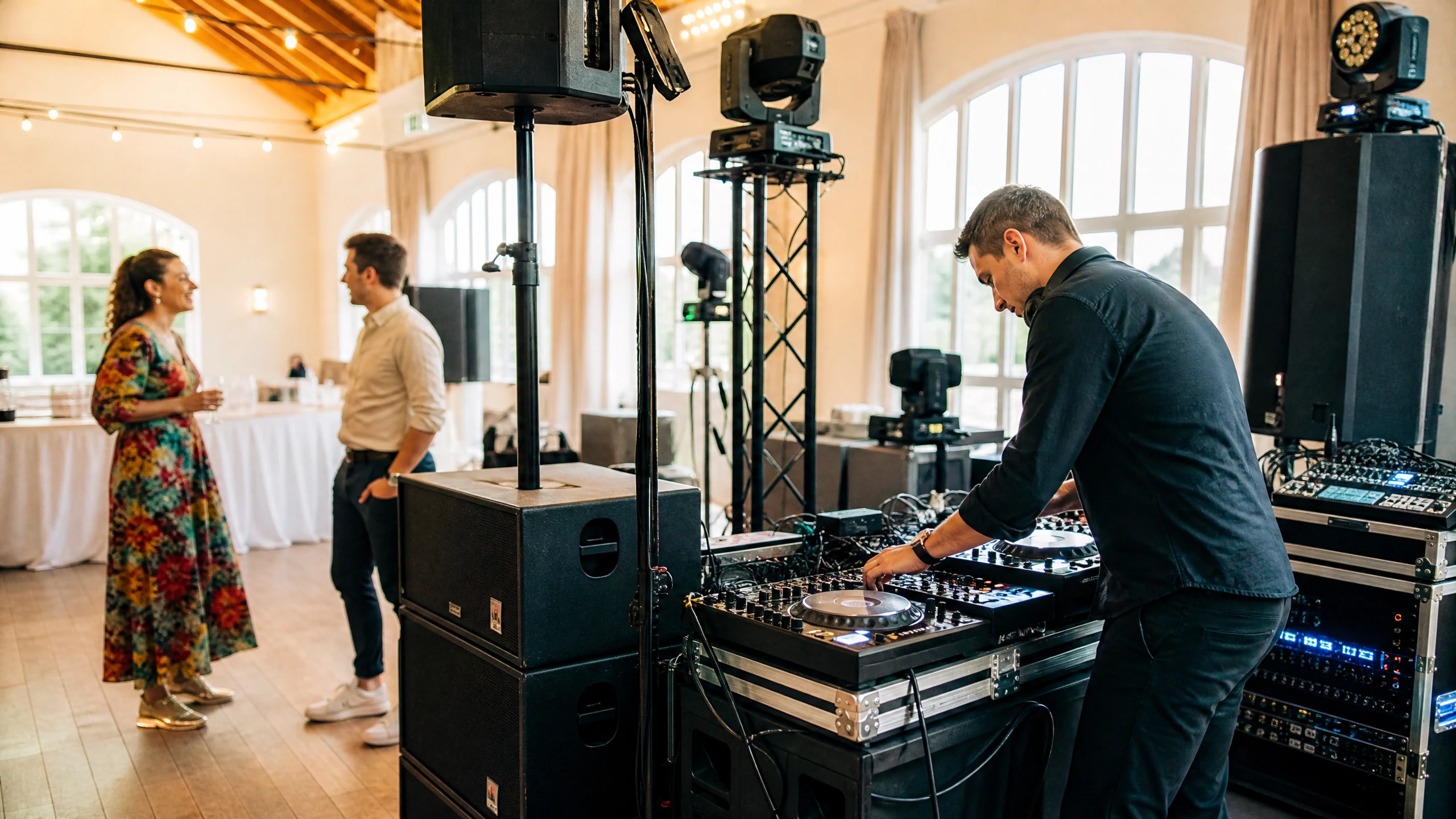 Ein DJ steht am Mischpult zwischen Lautsprechern und Lichttechnik, Gäste unterhalten sich auf einer privaten Feier im Saal