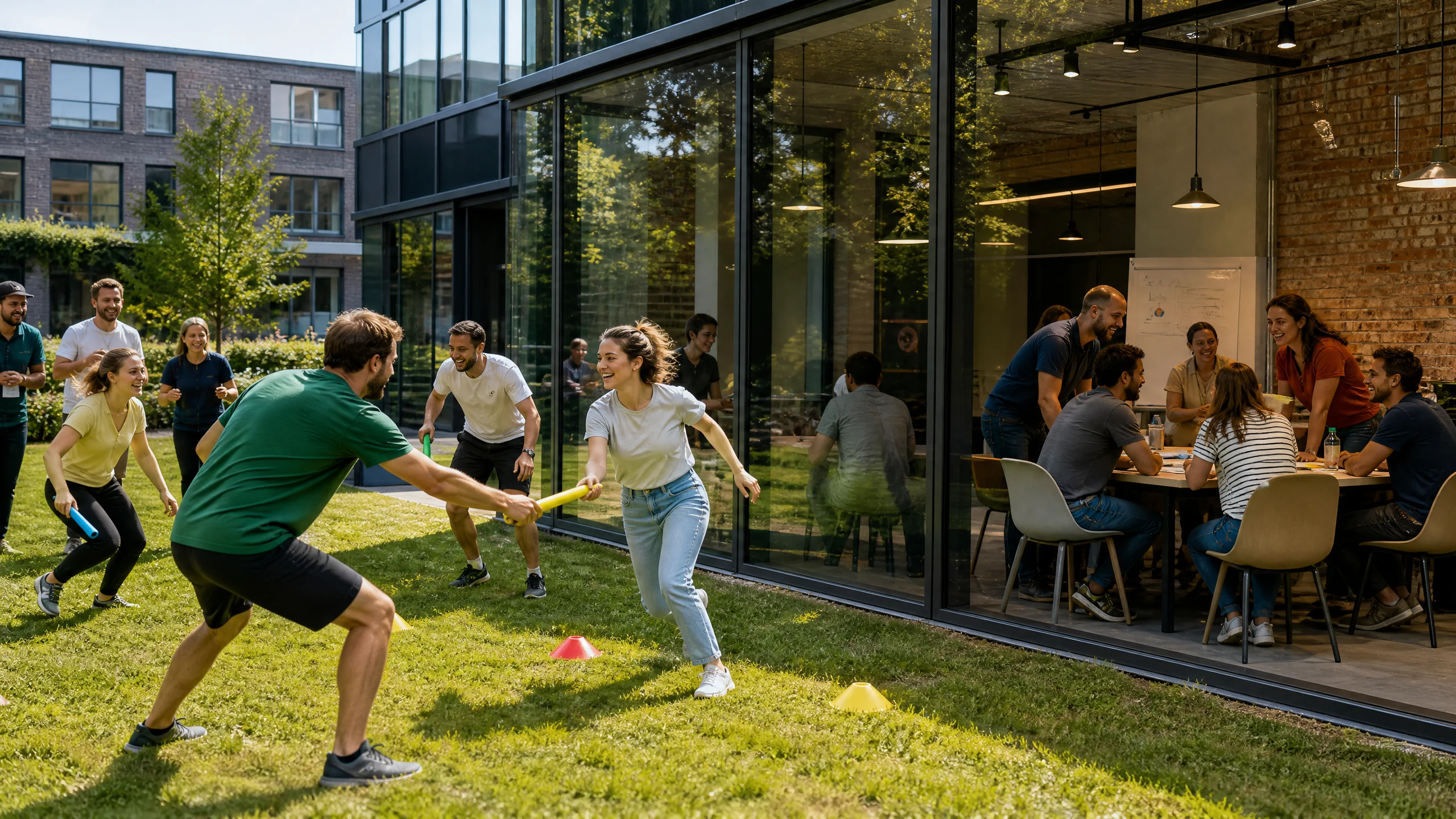 Kollegen spielen auf einer Wiese vor einem Bürogebäude ein Staffelspiel, ein Beispiel für Firmenevents in der Nähe