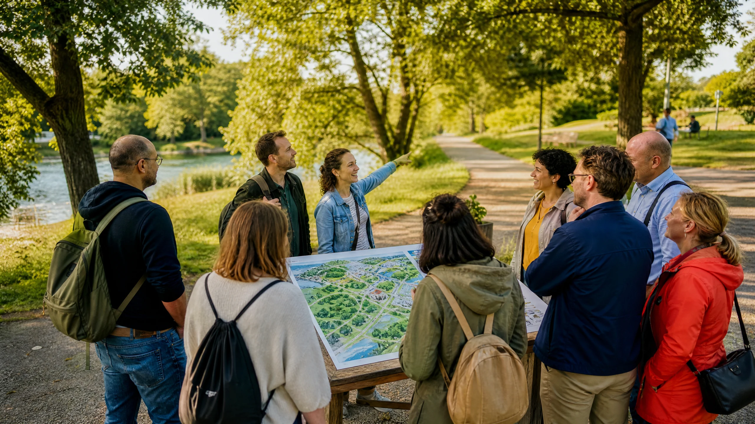 Eine Frau zeigt einer Gruppe in einem Park etwas auf einer Karte, als Anregung für Firmenevents in der Nähe