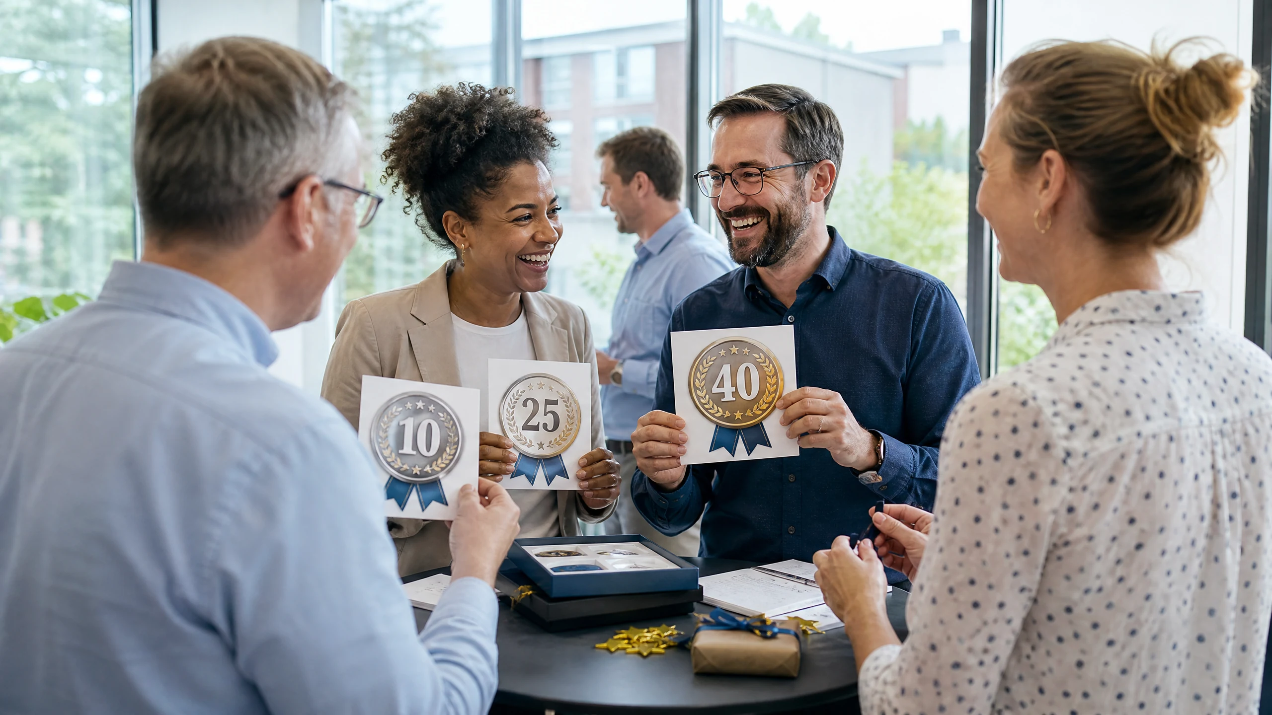 Lachende Kollegen halten Karten mit Jubiläumszahlen hoch und besprechen Geschenke für ein Firmenjubiläum im Büro
