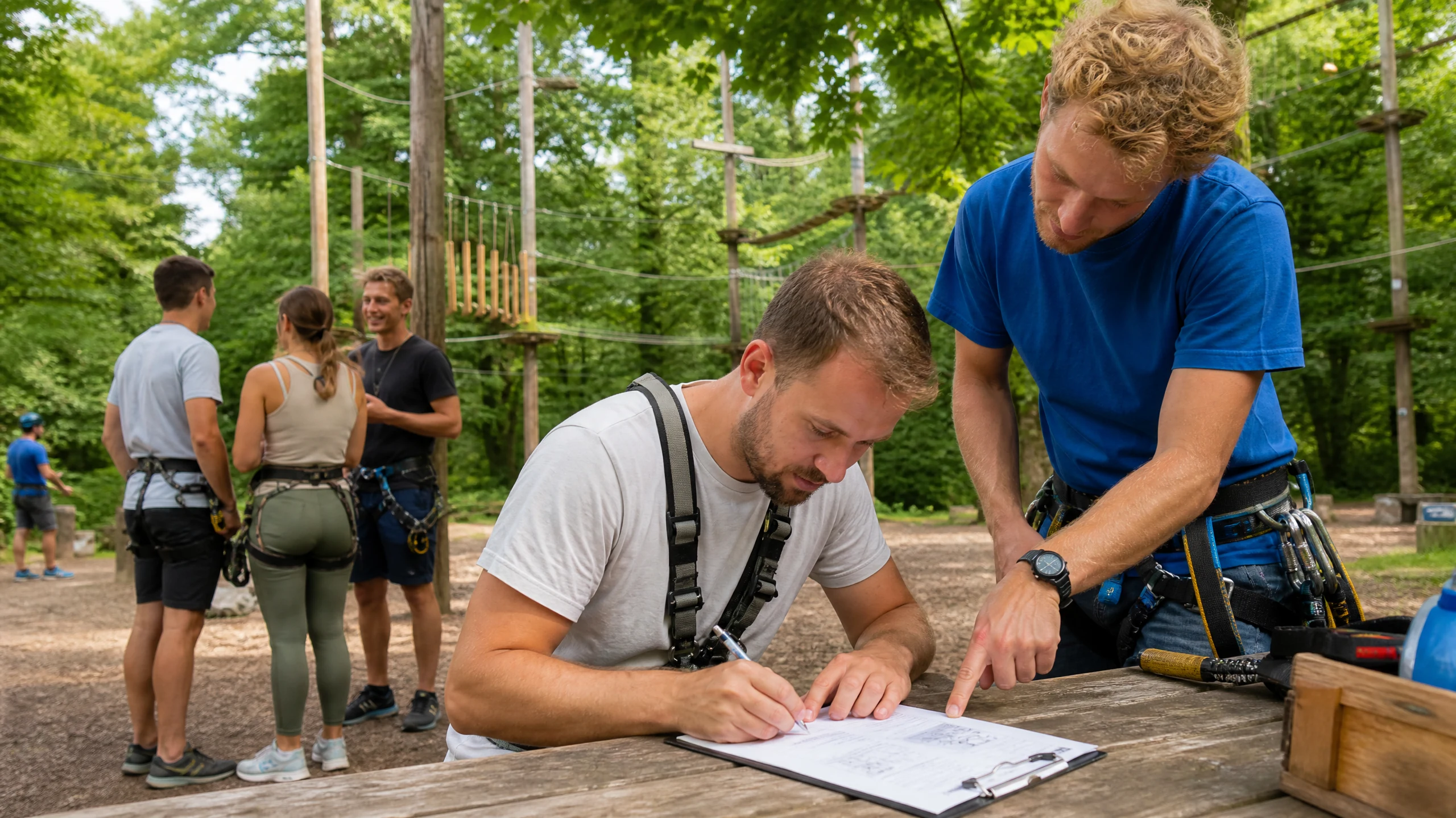 Ein Mann im Klettergurt unterschreibt am Holztisch einen Bogen, ein Trainer zeigt darauf, im Hochseilgarten in Duisburg