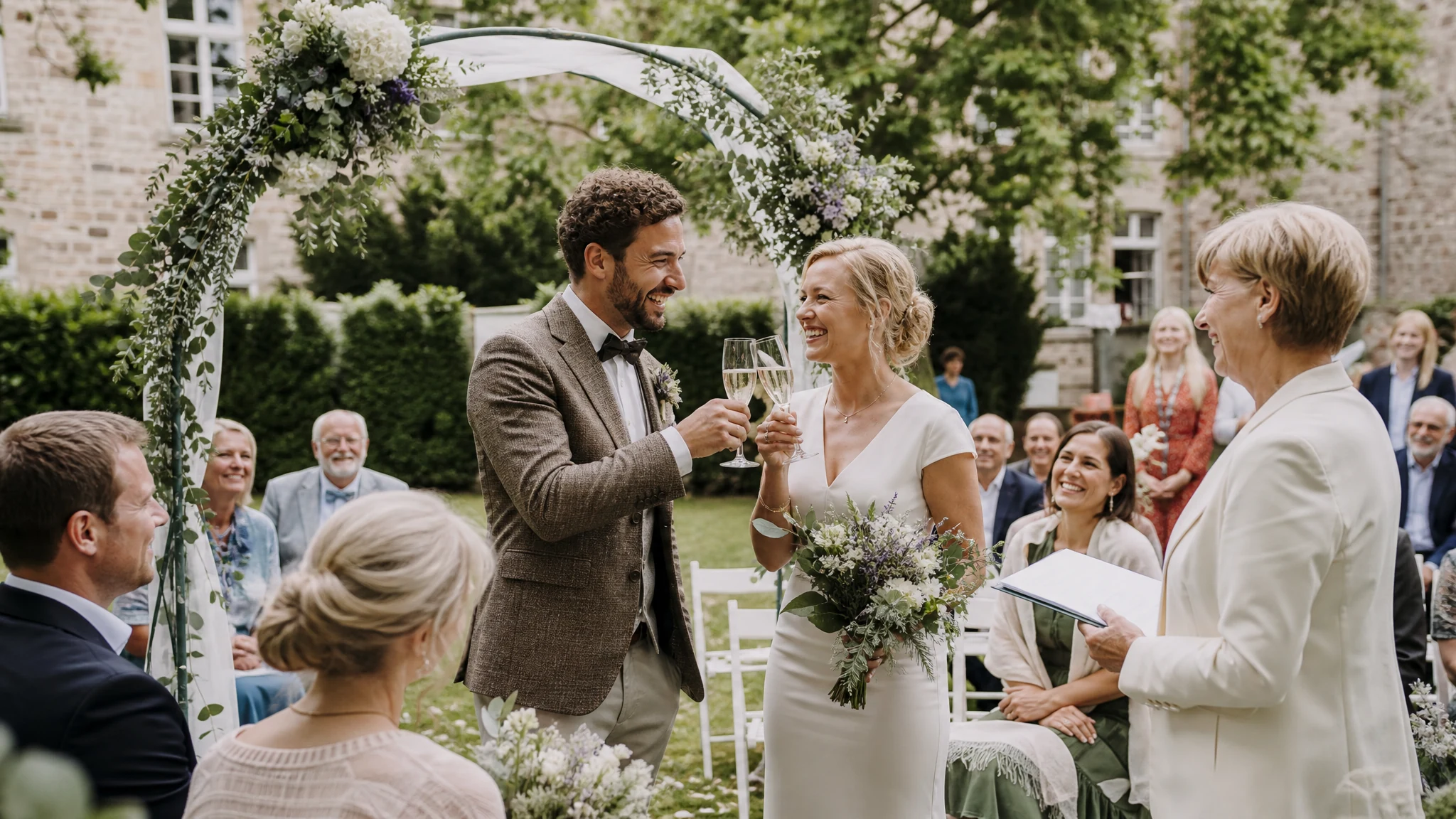 Freie Trauung im Garten einer Hochzeitslocation mit Blumenbogen und Gästen