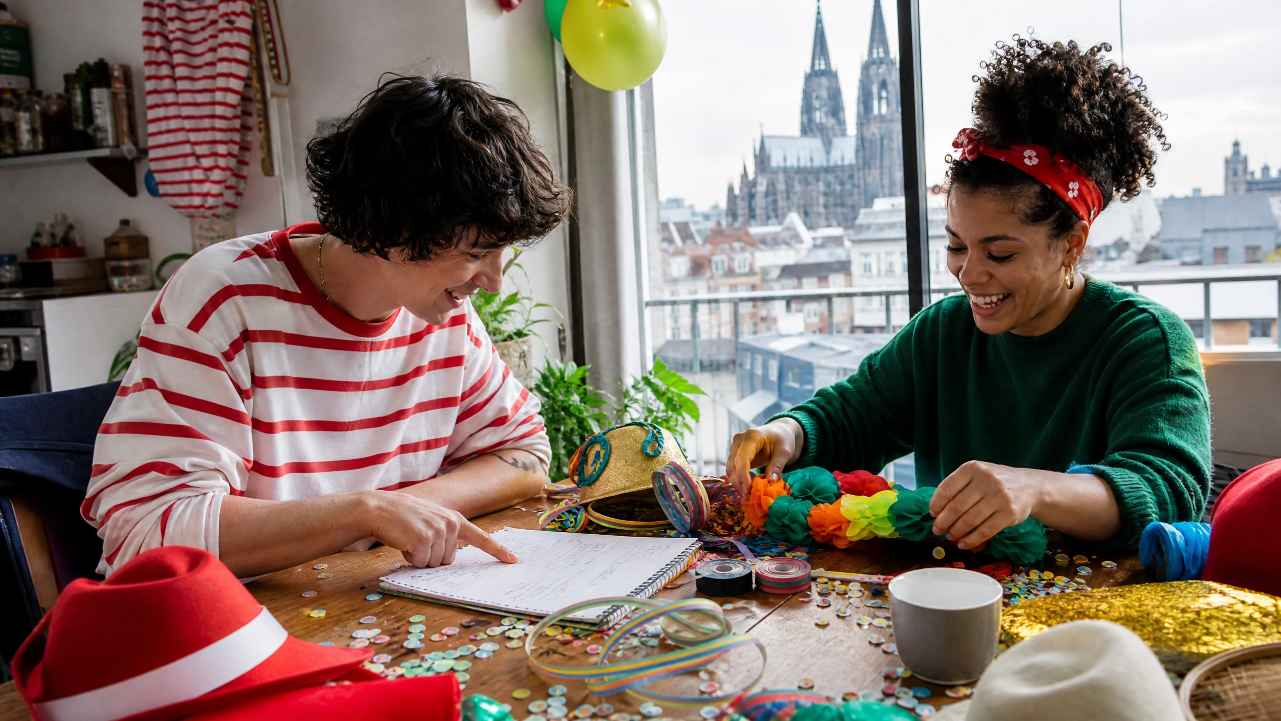 Lachende Freundinnen basteln am Holztisch bunte Deko für den Karneval in Köln, im Fenster ragt der Dom auf
