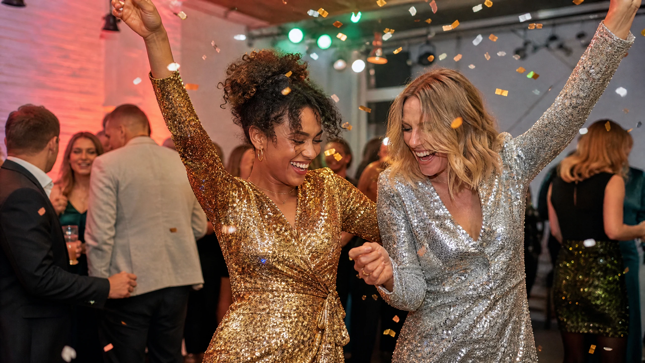 Lachende Frauen tanzen in Gold und Silber glitzernden Kleidern für die Weihnachtsfeier unter Konfetti auf der Tanzfläche