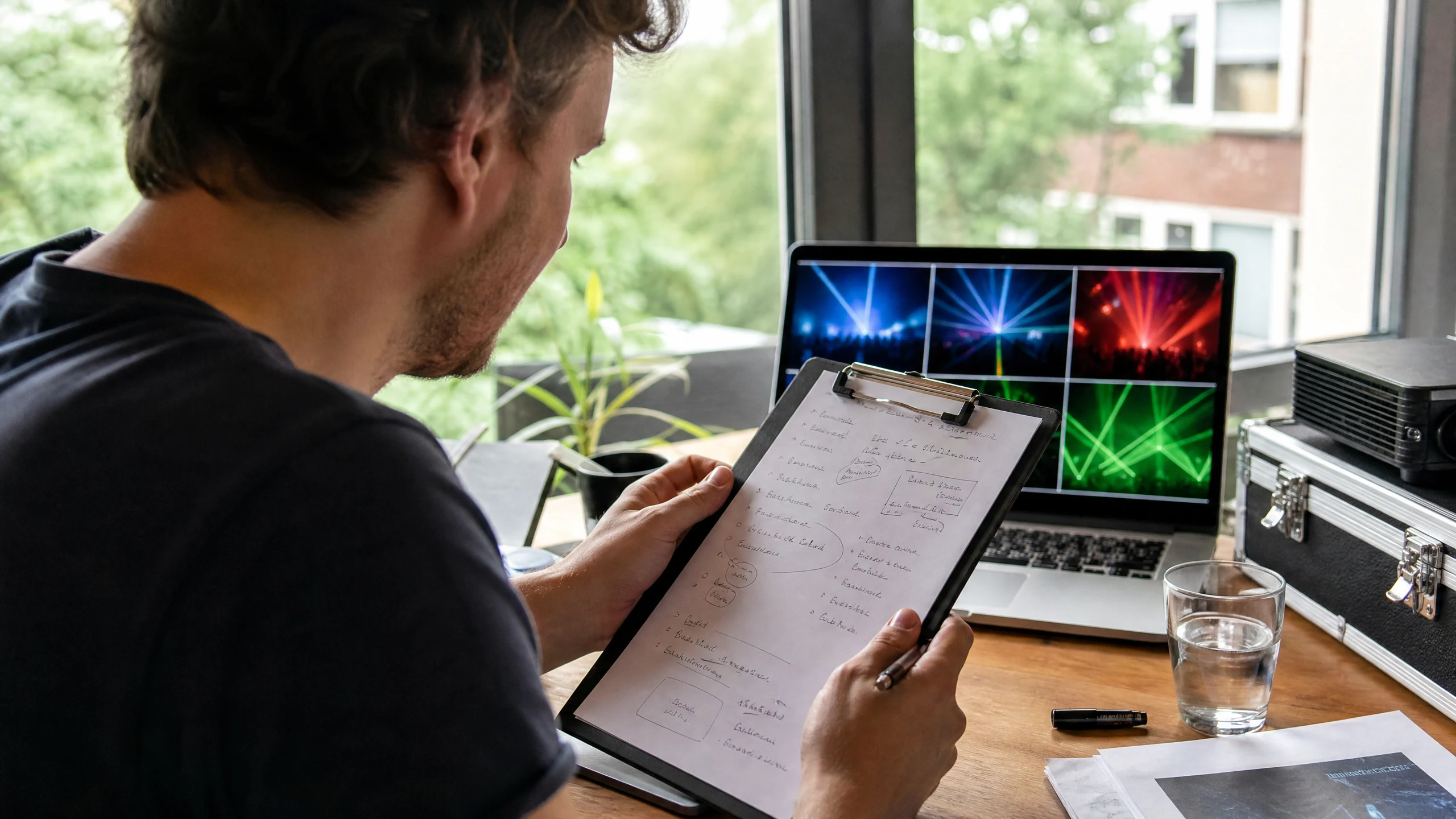 Ein Mann notiert auf einem Klemmbrett Ideen, um eine Lasershow zu buchen, auf dem Laptop laufen bunte Laserstrahlen