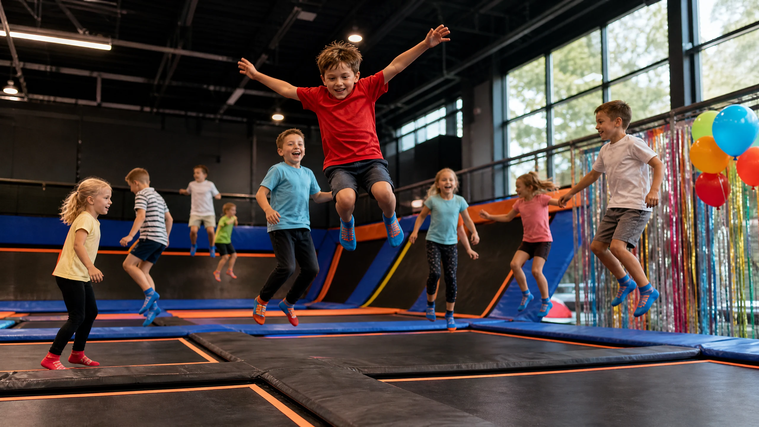Lachende Kinder springen in Socken auf Trampolinen in einem Trampolinpark in Paderborn, bunte Luftballons im Hintergrund