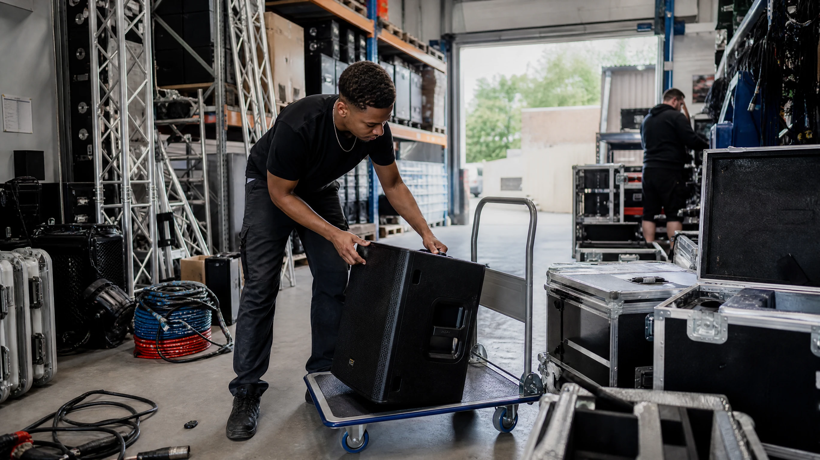 Ein Techniker lädt in einem Lager für Veranstaltungstechnik einen Lautsprecher auf einen Transportwagen neben Flightcases
