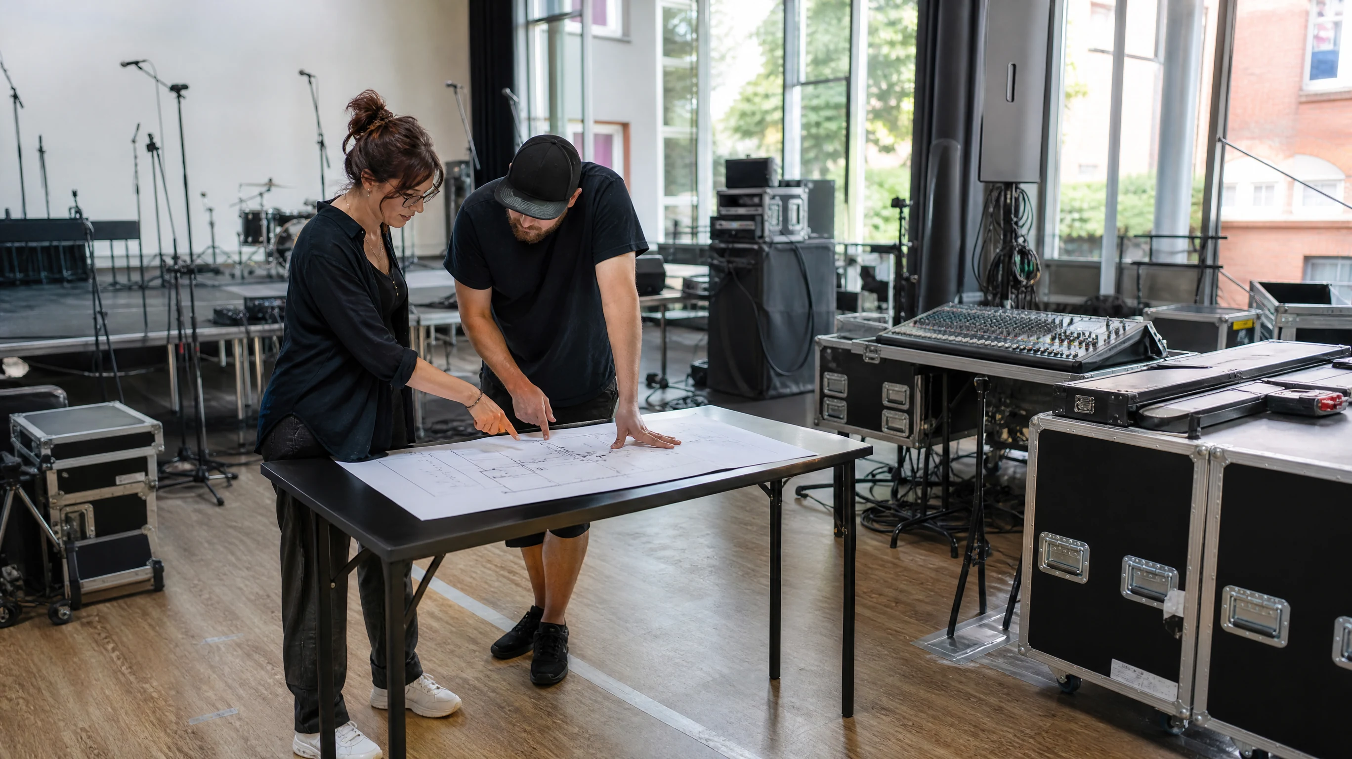 Eine Frau und ein Mann besprechen einen Bauplan auf einem Tisch neben Veranstaltungstechnik in einem Saal mit Bühne