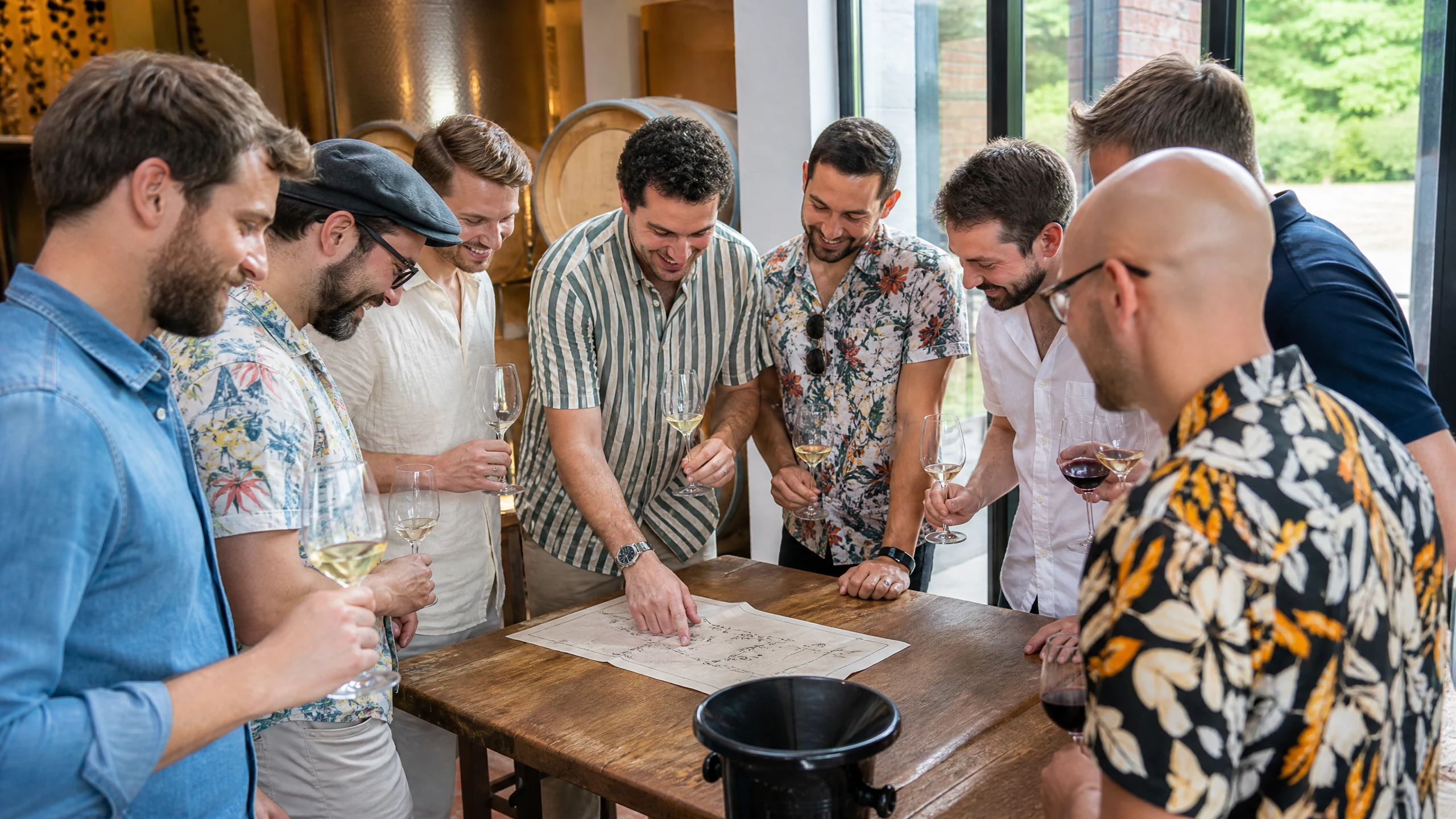 Männer mit Weingläsern beugen sich lachend über eine Karte beim Junggesellenabschied in einem Weingut mit Holzfässern