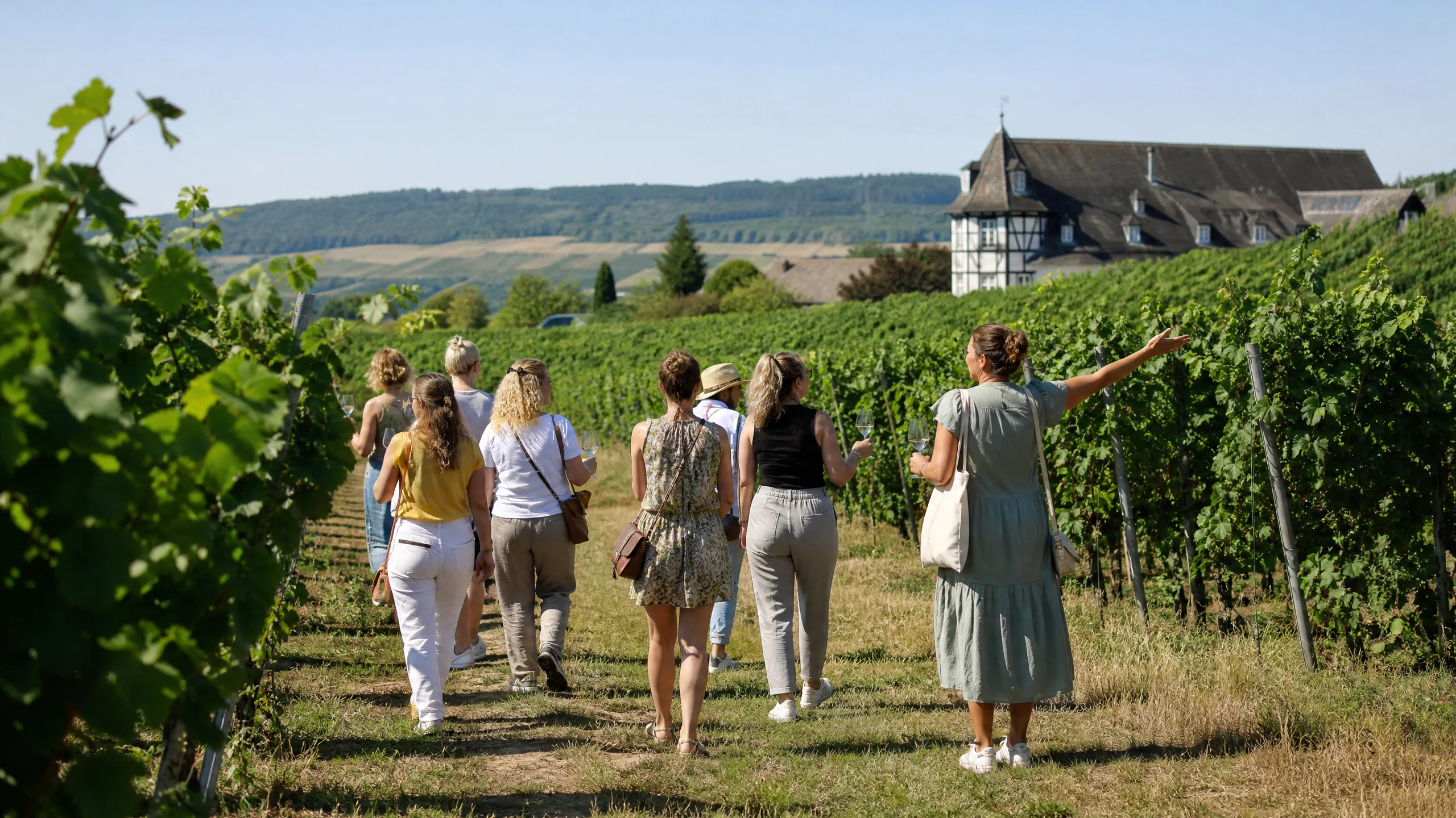 Eine Gruppe junger Frauen mit Weingläsern folgt einer Führerin durch Reben beim Junggesellenabschied auf einem Weingut